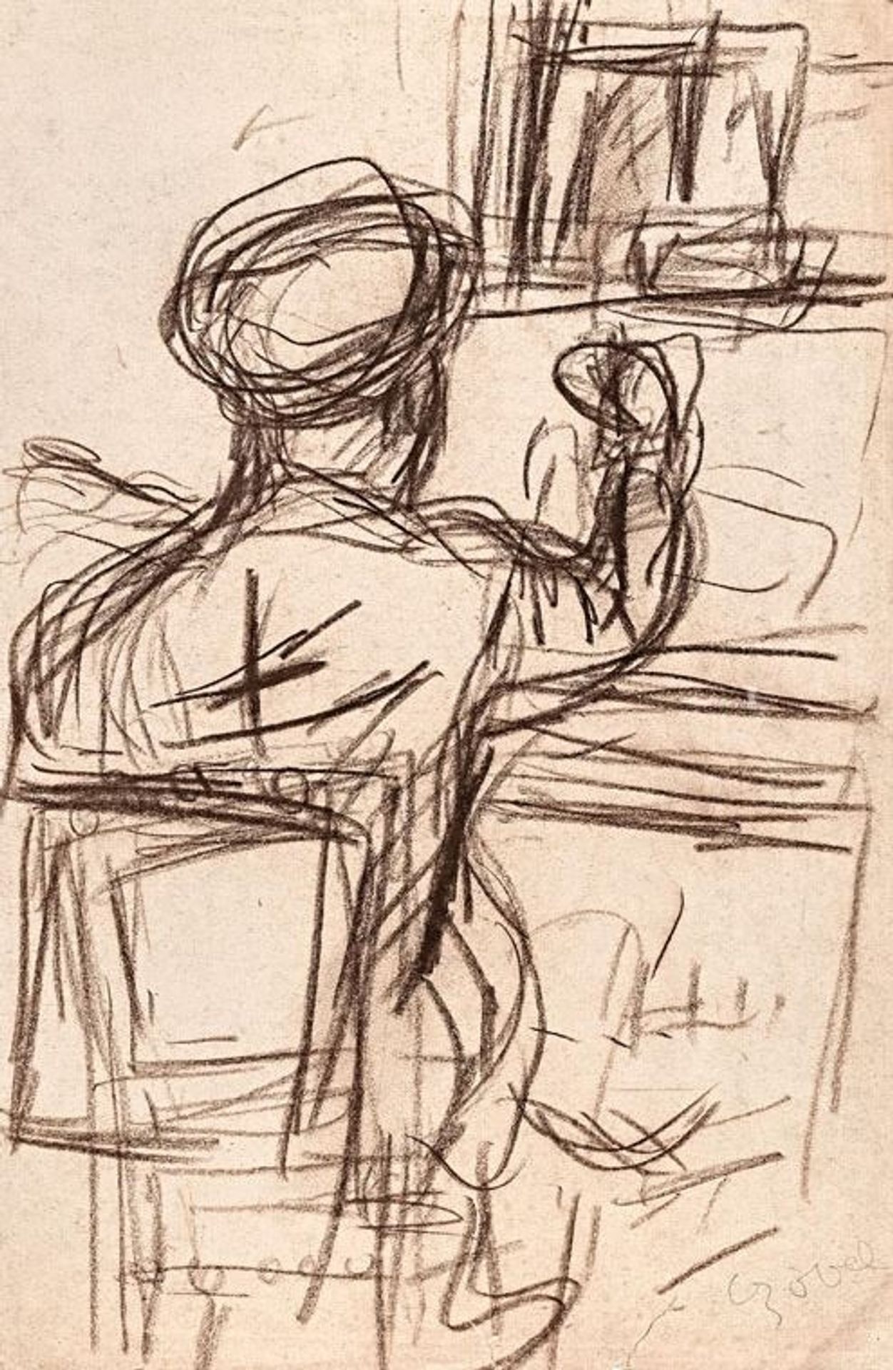 Czobel Bela A Festő Munka Közben, Kréta ,papír, 49x32cm by Bela Czobel