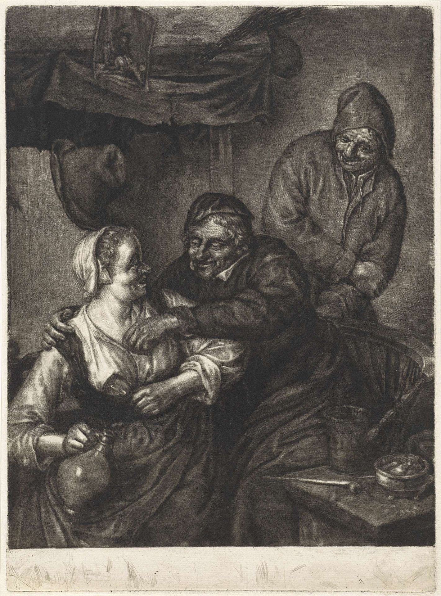 Herbergscène met drie figuren bij een haard by Pieter Schenk
