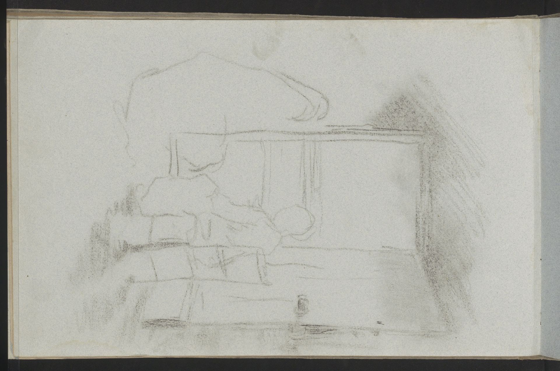 Interieur met een vrouw zittend bij een deuropening by Albert Neuhuys