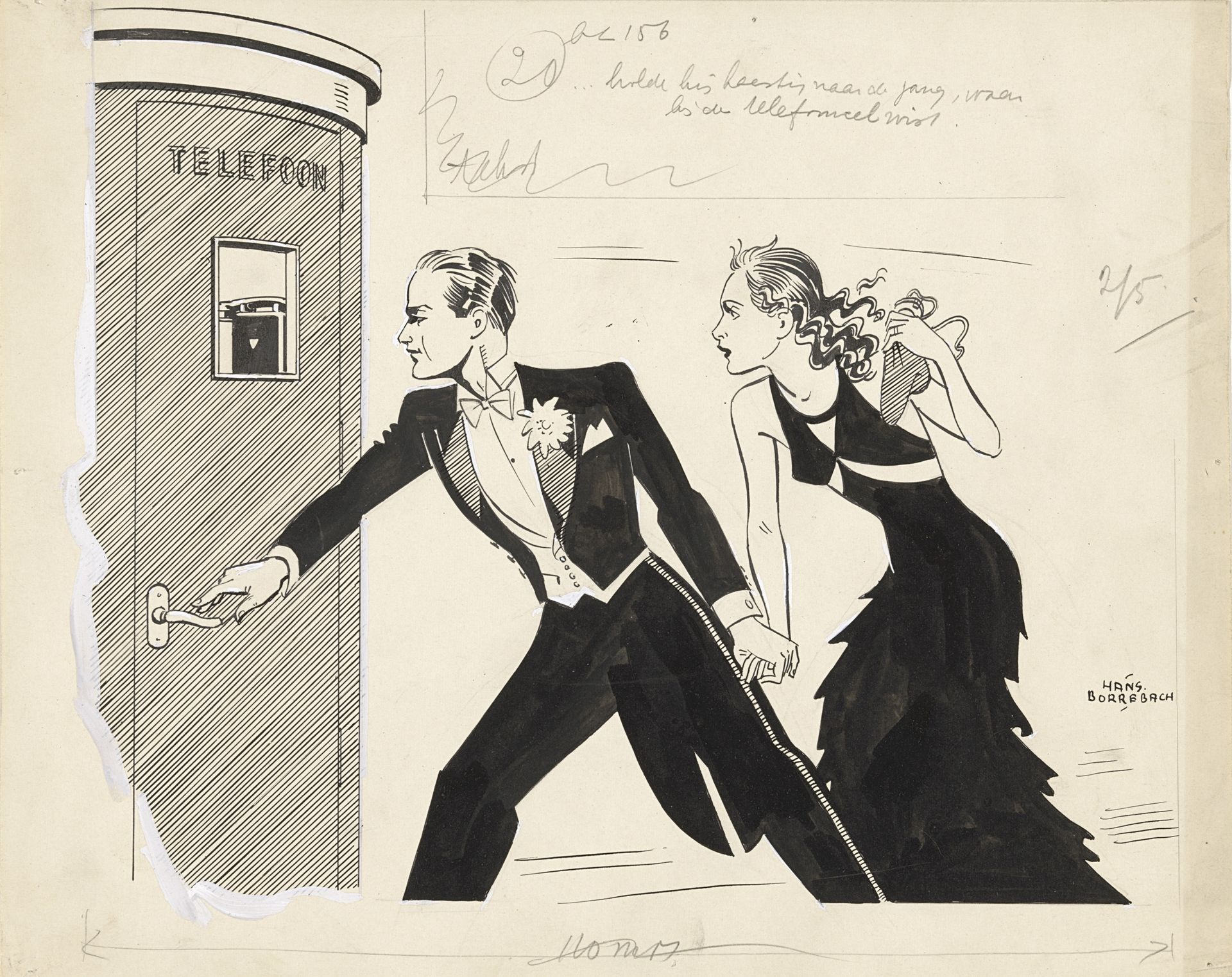 Man holt met Pepita naar een telefooncel by Hans Borrebach