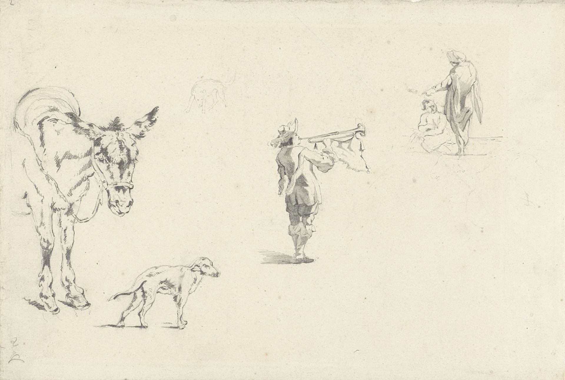 Studies van onder andere een ezel, een hond en een trompetter by Gerard Bilders