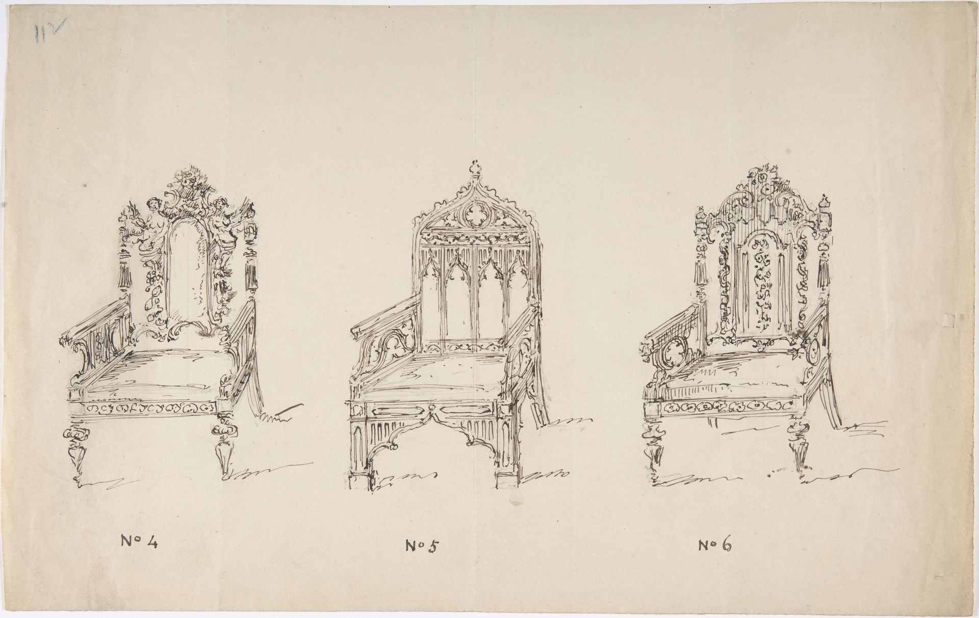 Design for Three Low Gothic or Renaissance Style Arm Chairs by Anonymous