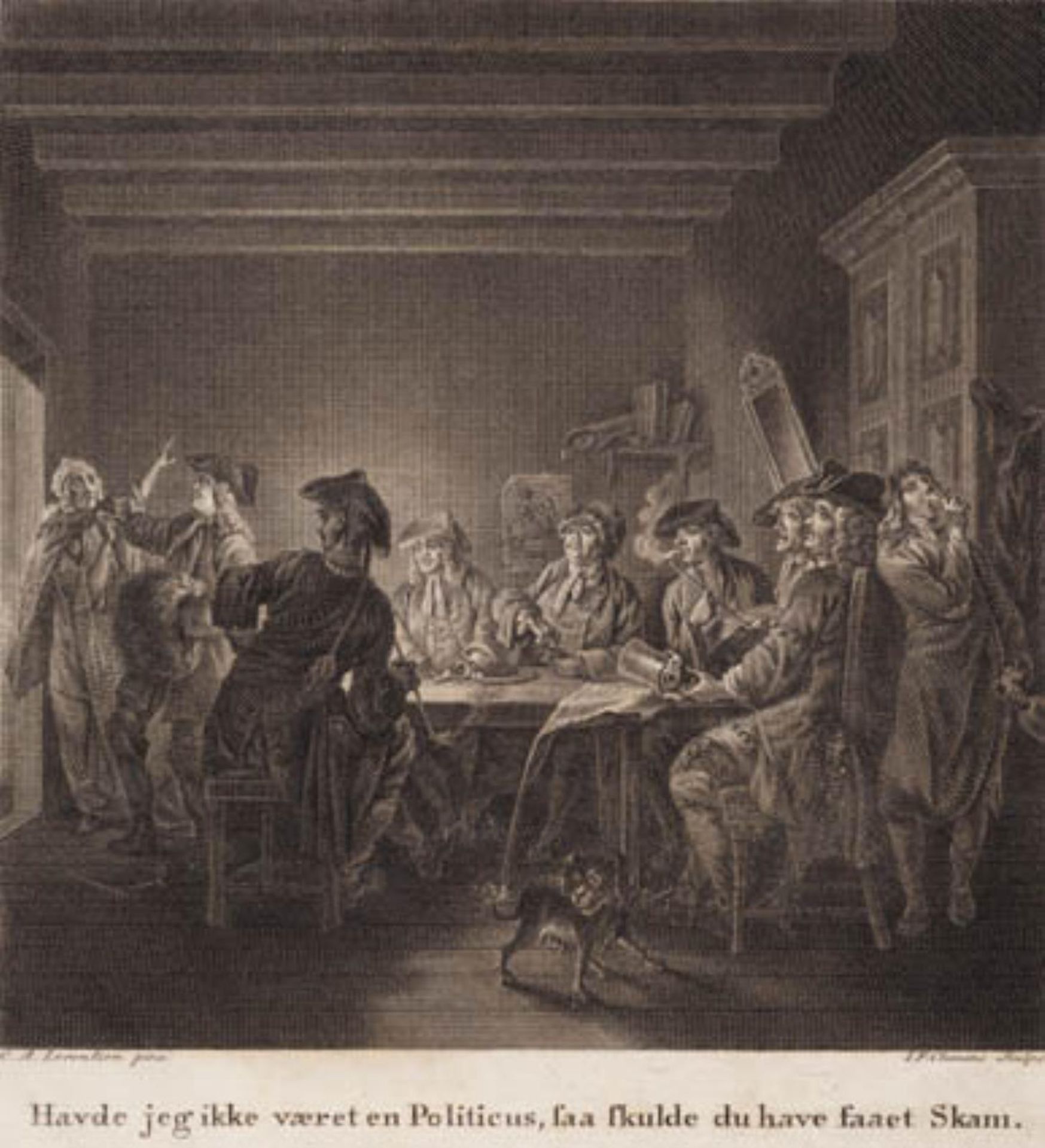 Den politiske kandestøber. ”Havde jeg ikke været en Politikus, da skulle du have fået skam.” Gravering efter Lorentzens Holberg Galleri. by J.F. Clemens