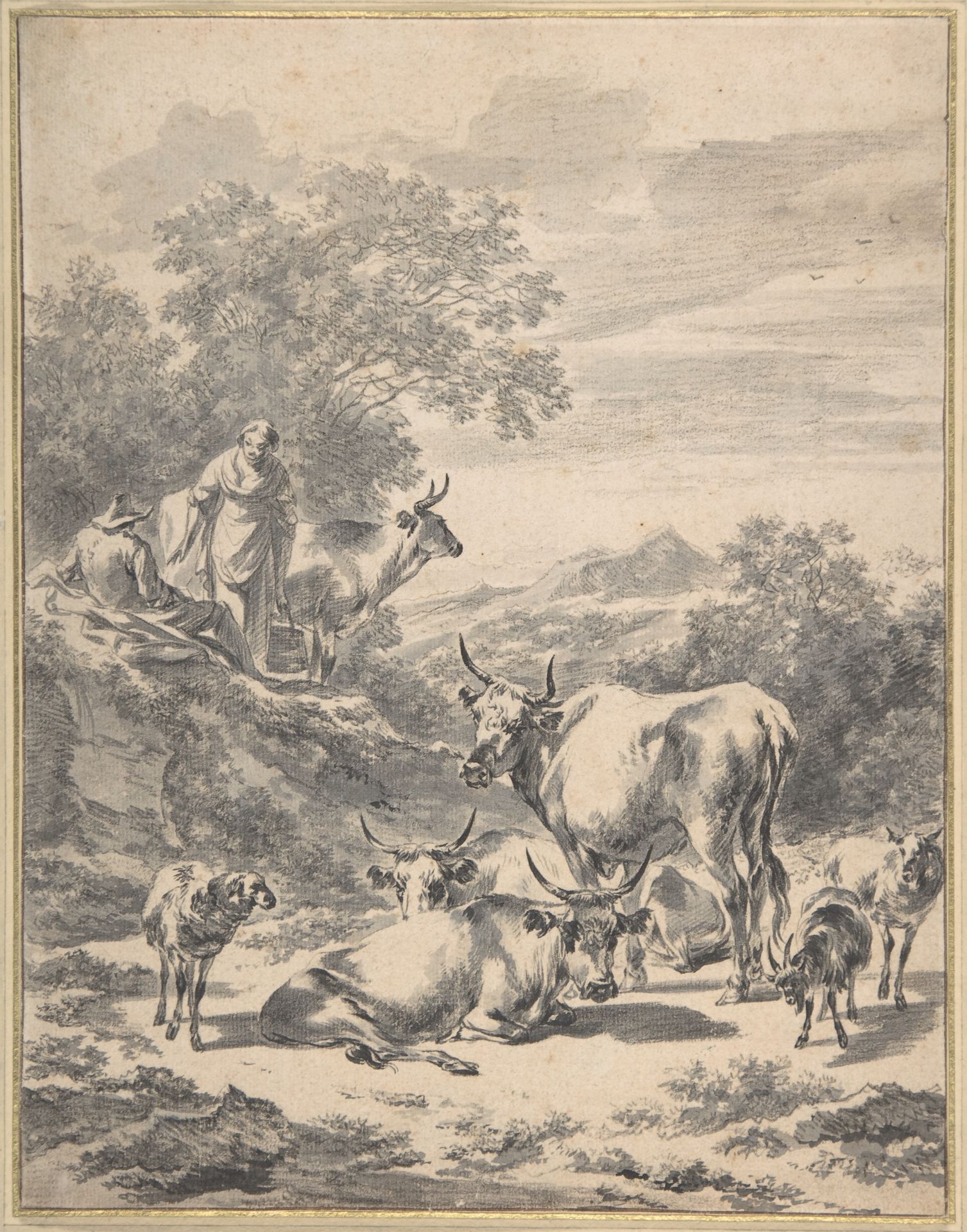 Herdsmen with Cattle and Sheep in Italianate Landscape by Nicolaes Berchem