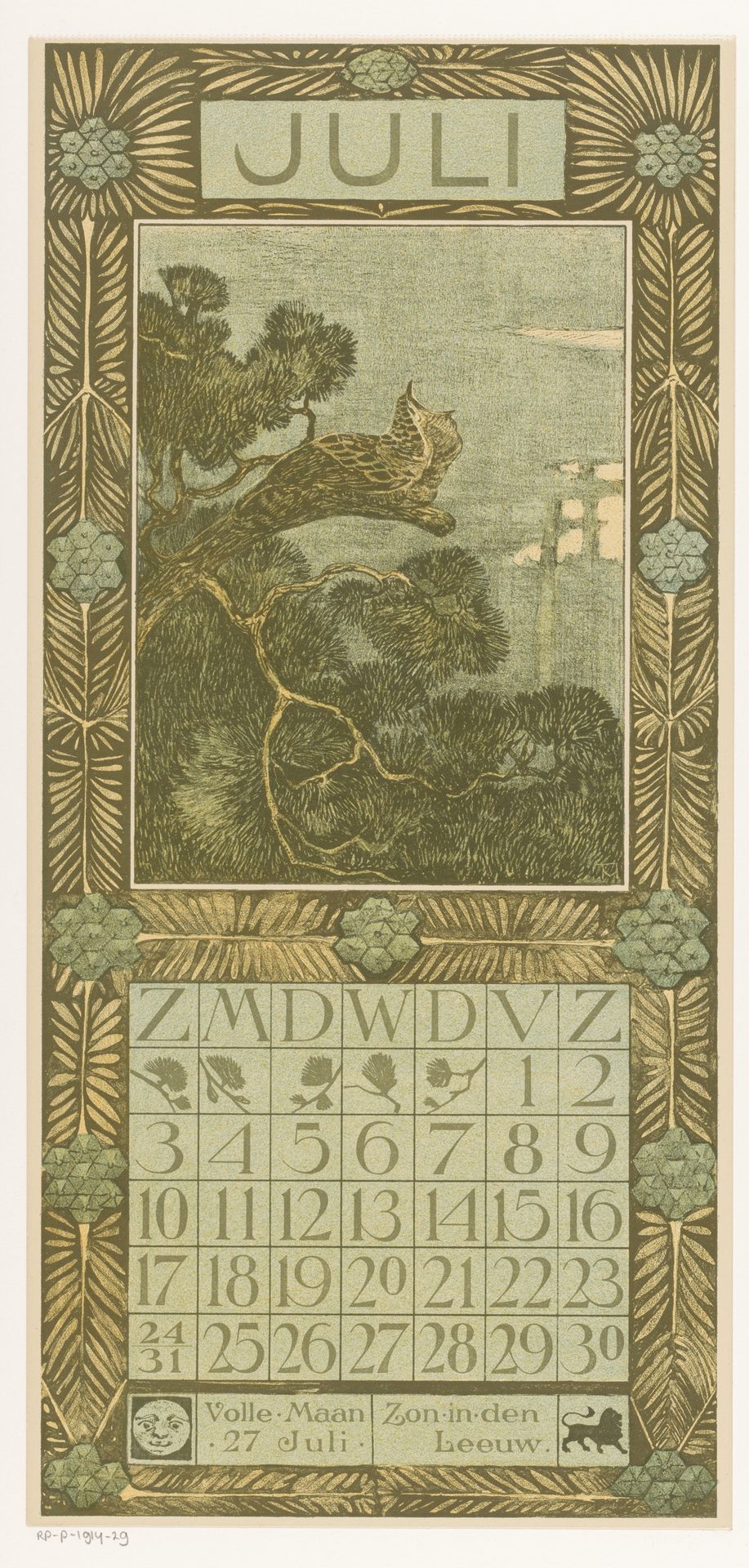 Kalenderblad juli met koekoek by Theo van Hoytema