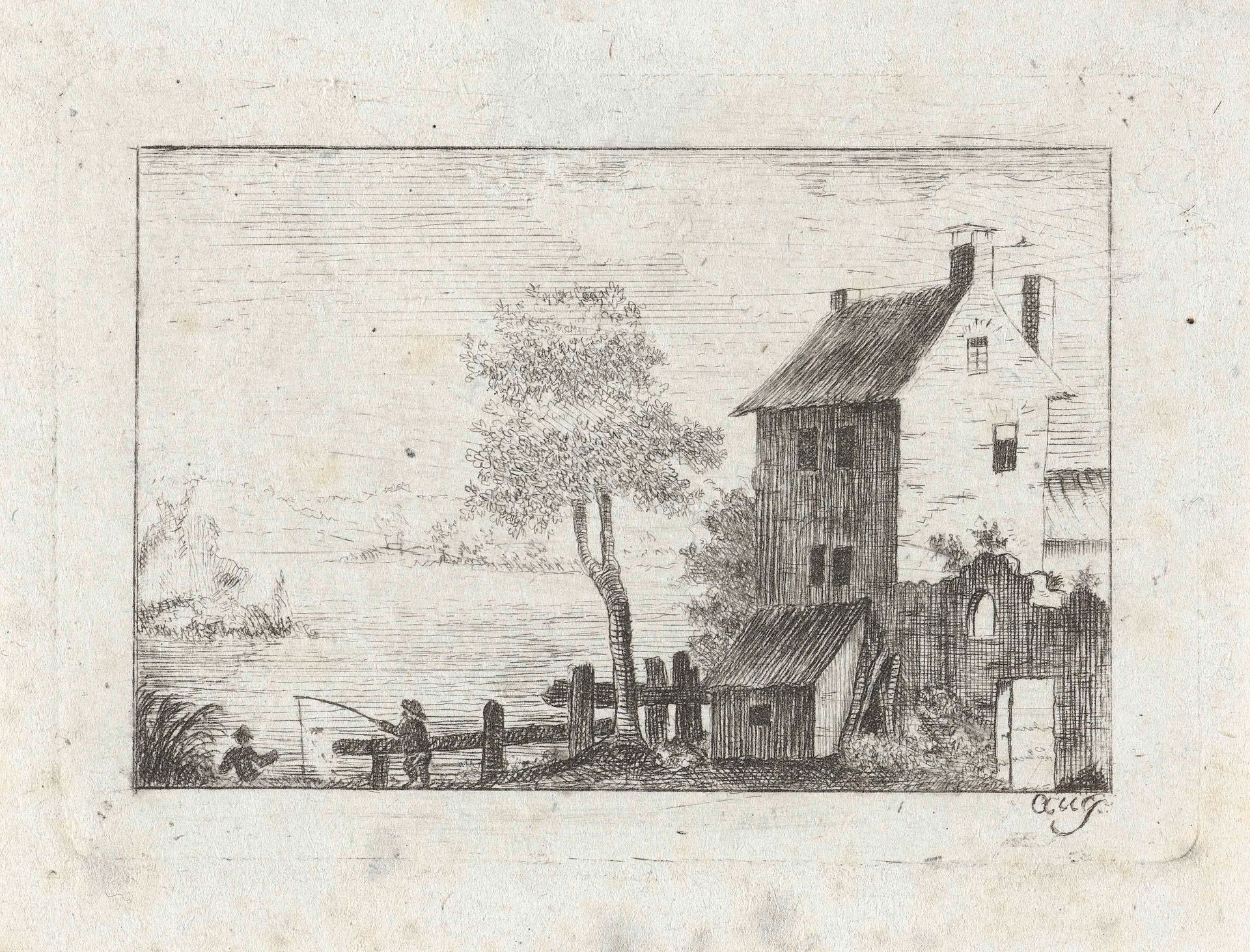 Hengelende man bij een huis by Jan Izaak van Mansvelt