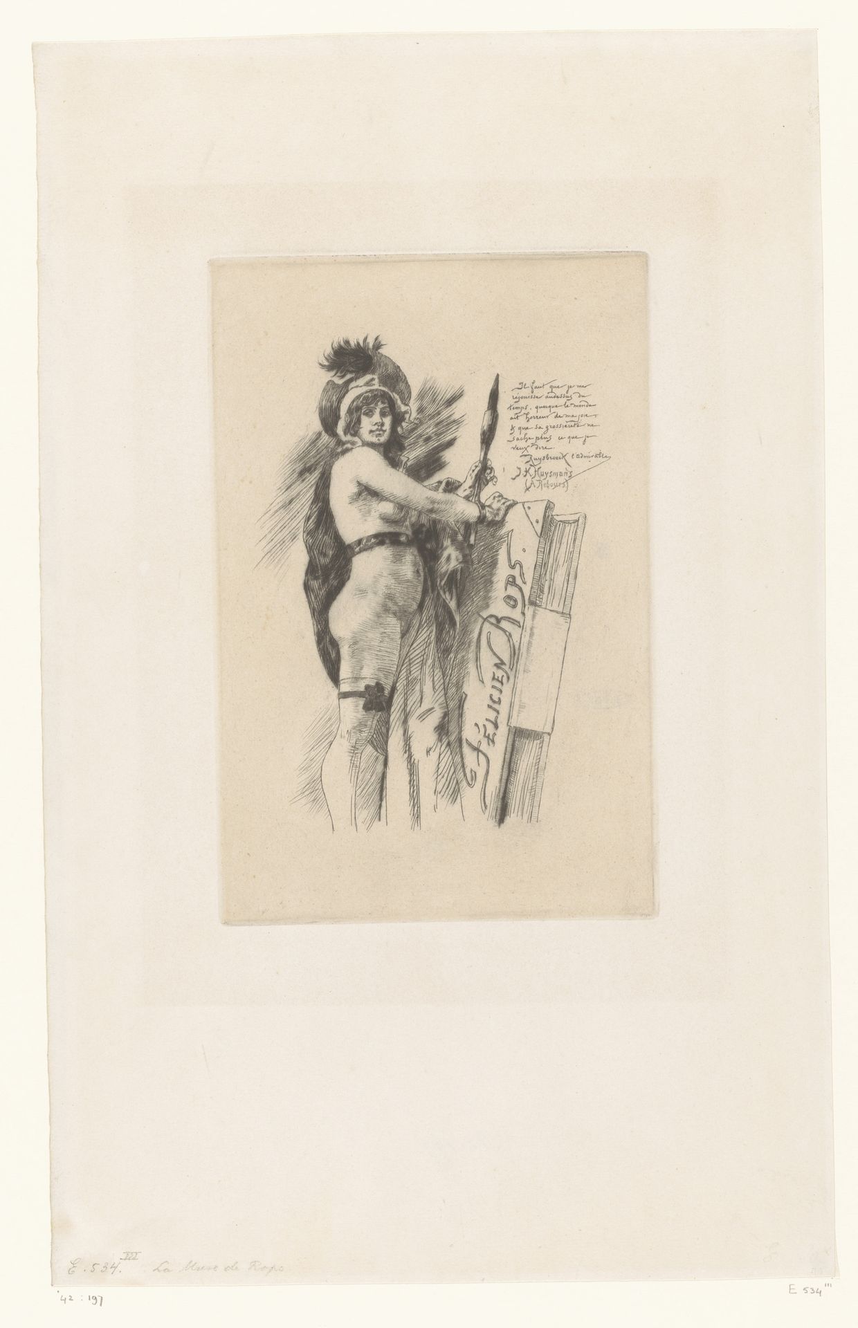 Naakte vrouw met penseel in de hand, staand bij een groot boek by Felicien Rops