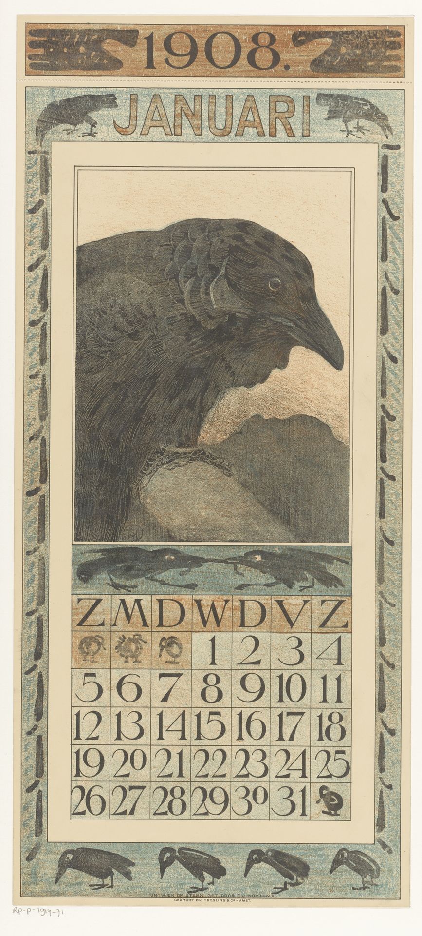 Kalenderblad januari met kraai by Theo van Hoytema