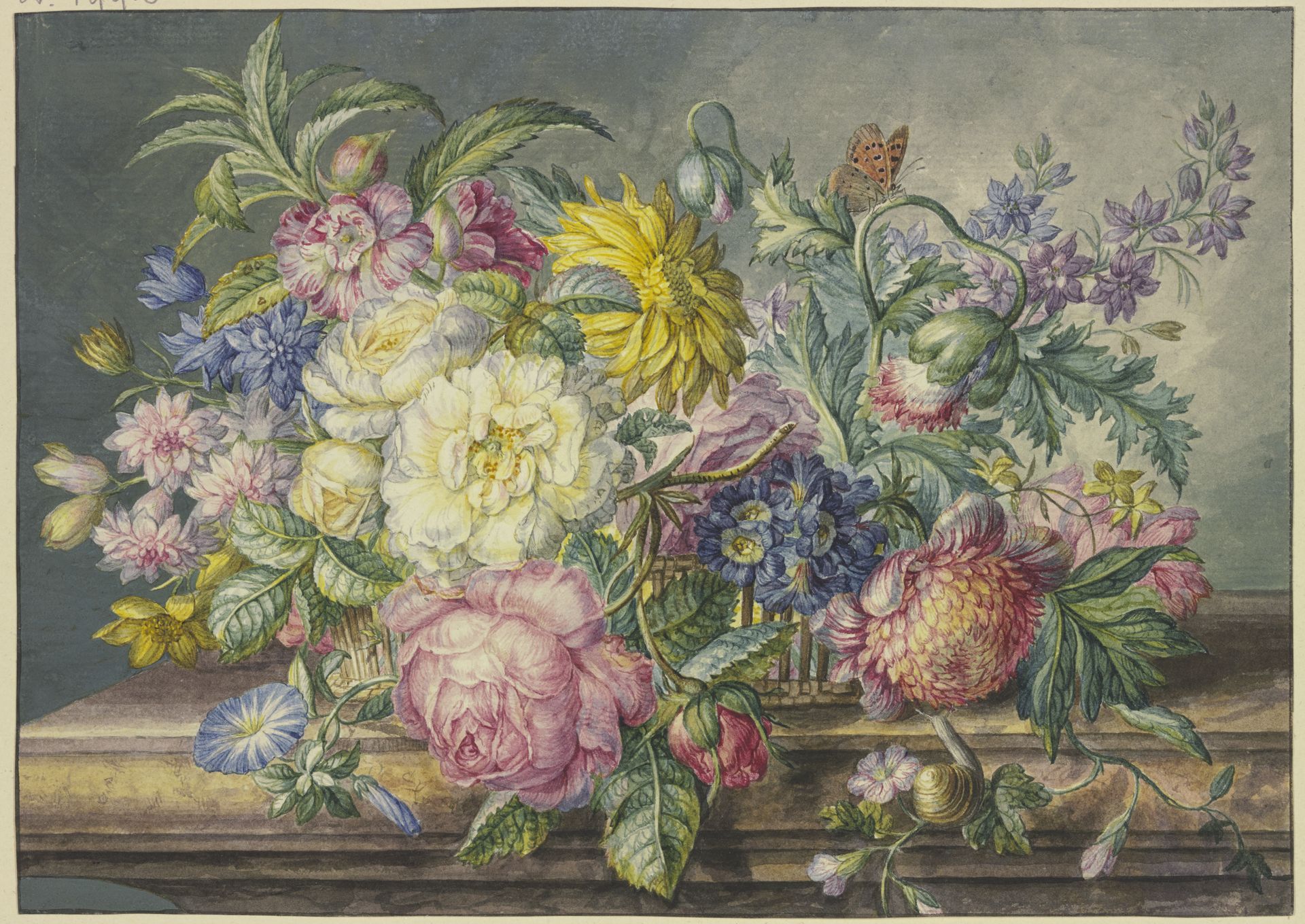 Blumenstrauß in einem Korb, dabei eine Schnecke und ein Schmetterling by Oswald Wijnen