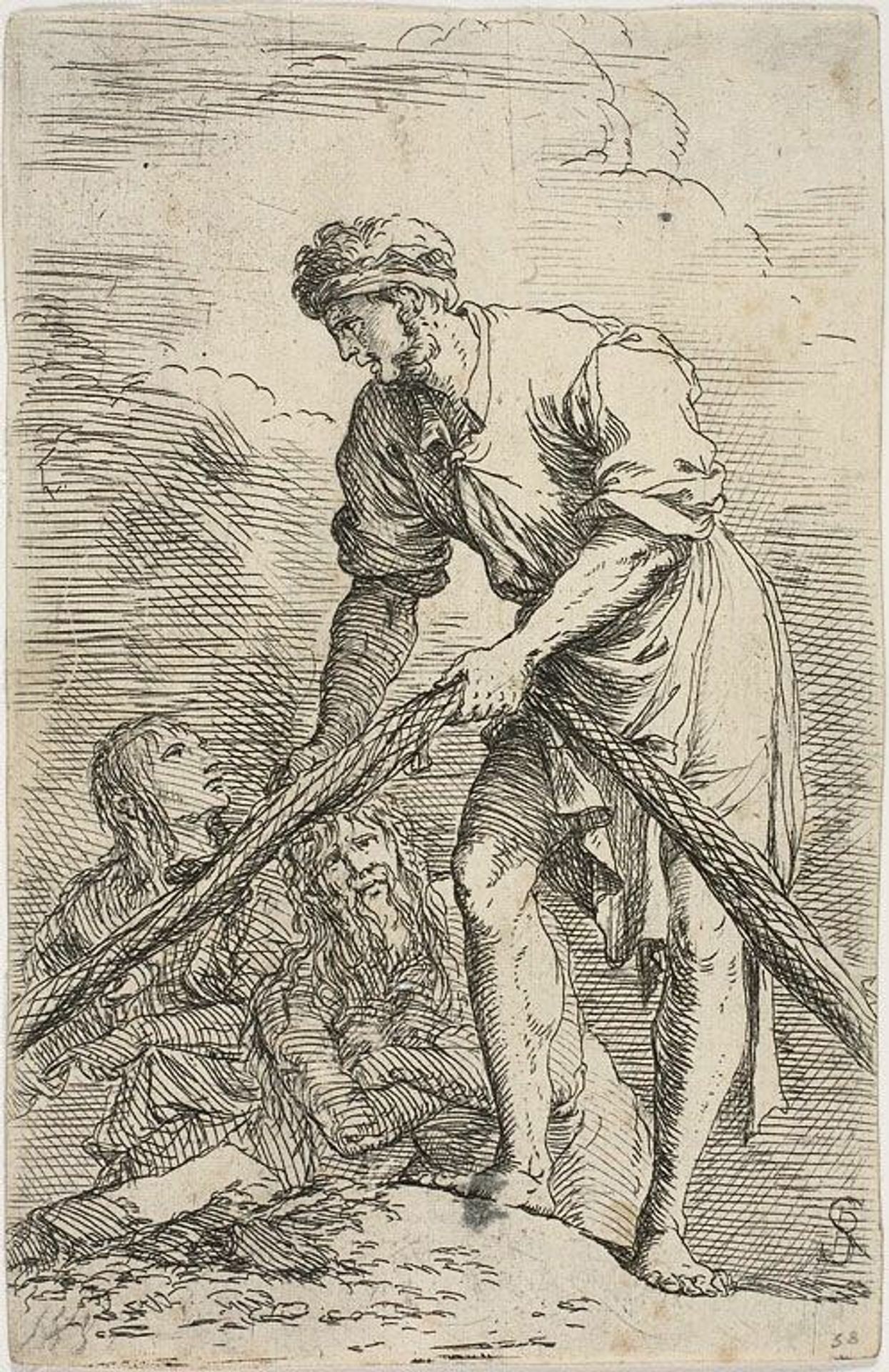 A men pulling a net, with two figures behind him, from Figurine series by Salvator Rosa