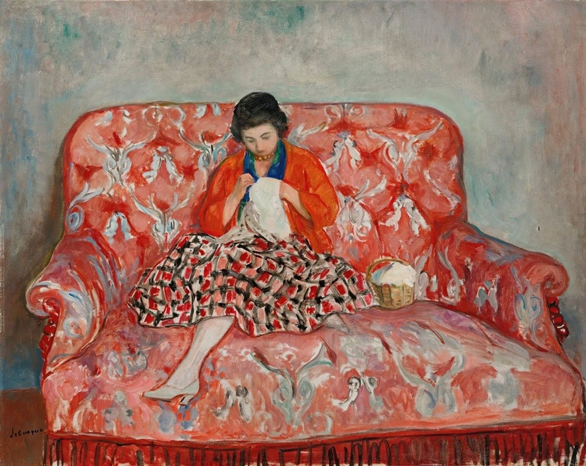 Jeune Fille Cousant Sur Un Canapé by Henri Lebasque