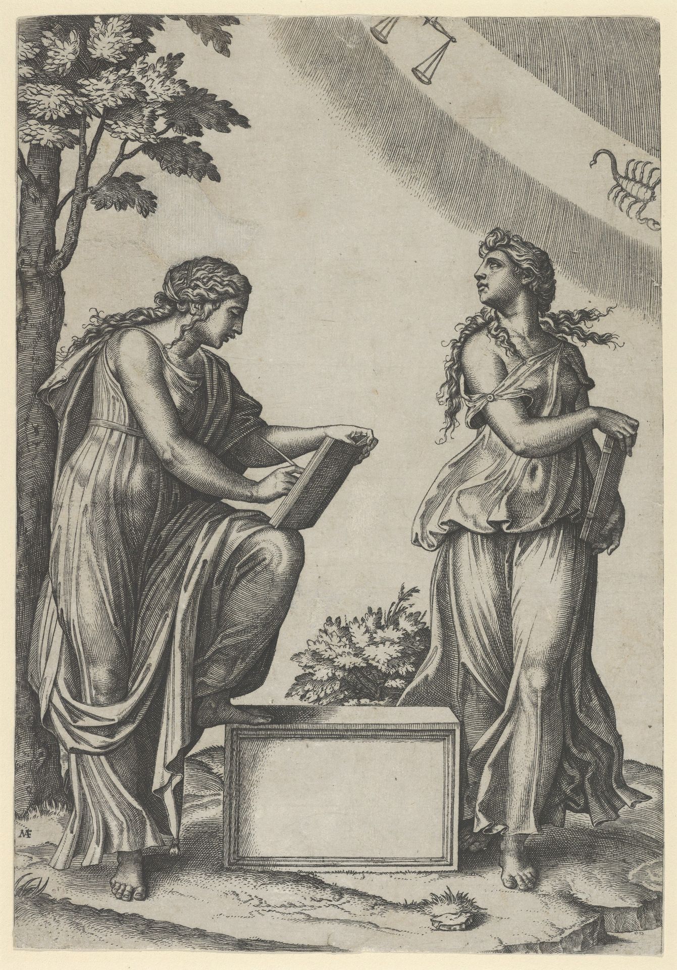 Two women of the zodiac standing beneath the signs of Libra and Scorpio by Marcantonio Raimondi