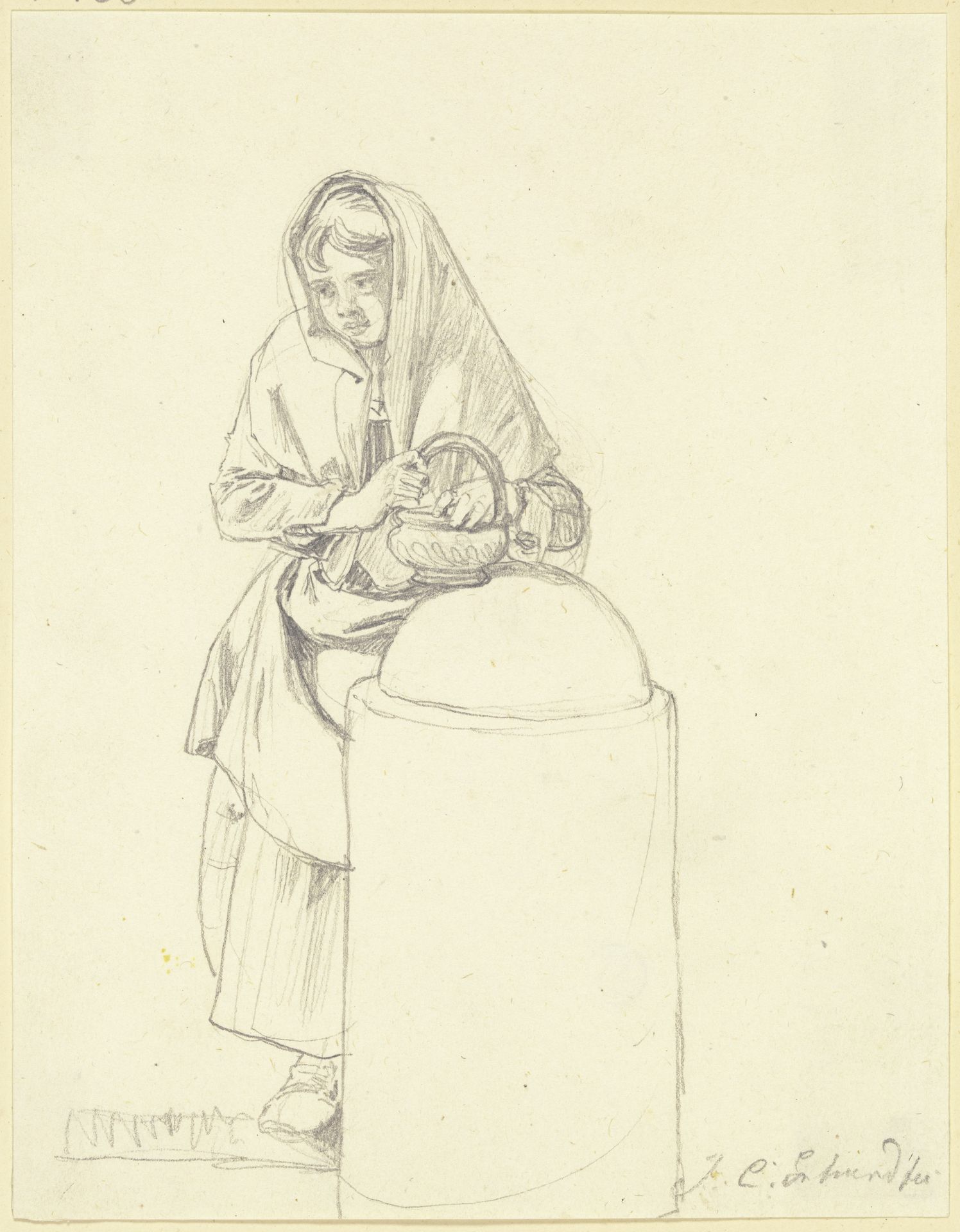 Mädchen mit einem Korbe an einem Radabweisestein stehend by Johann Christoph Erhard