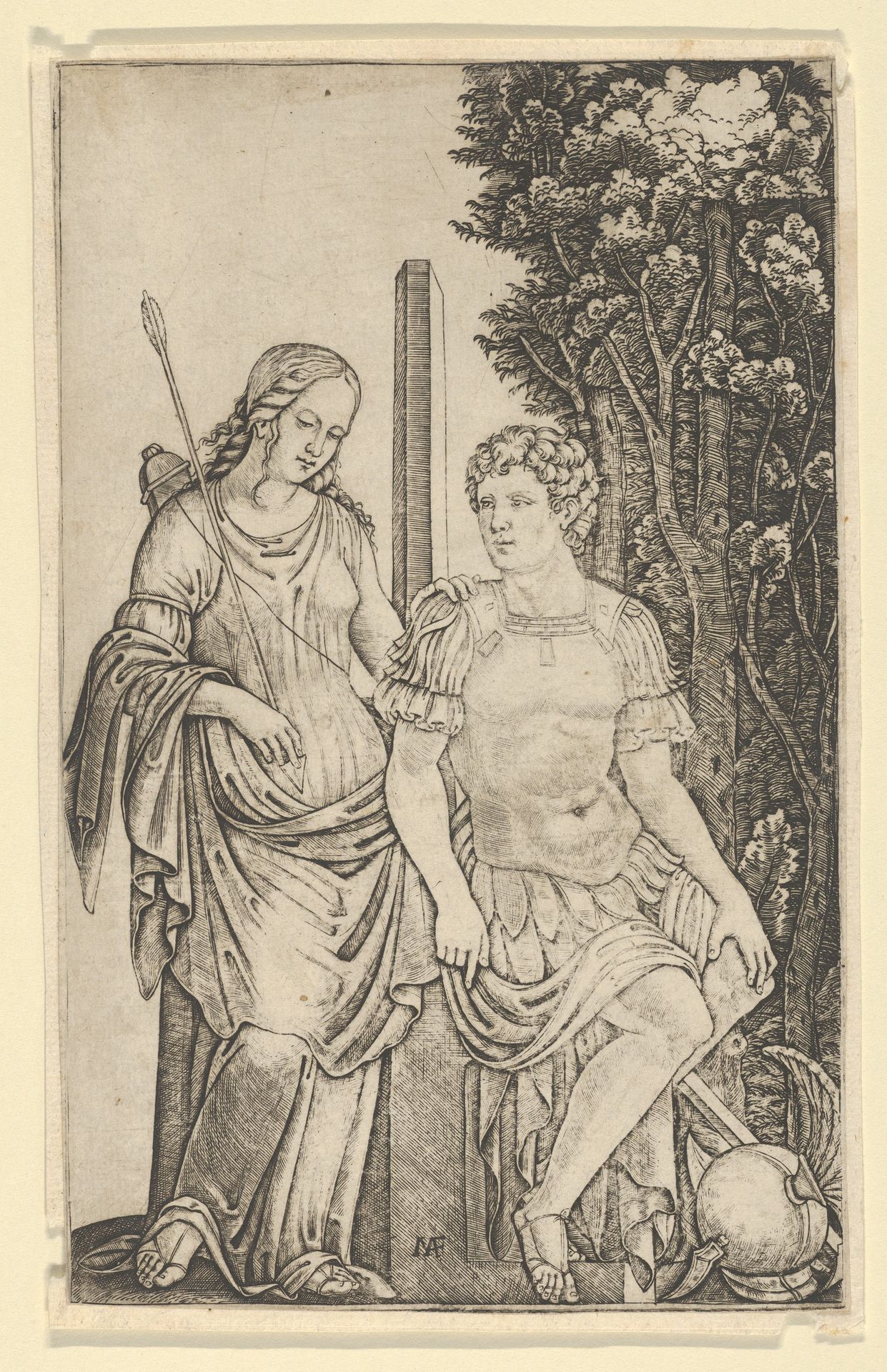 Venus standing at left resting her hand on the shoulder of Aeneas seated at right by Marcantonio Raimondi