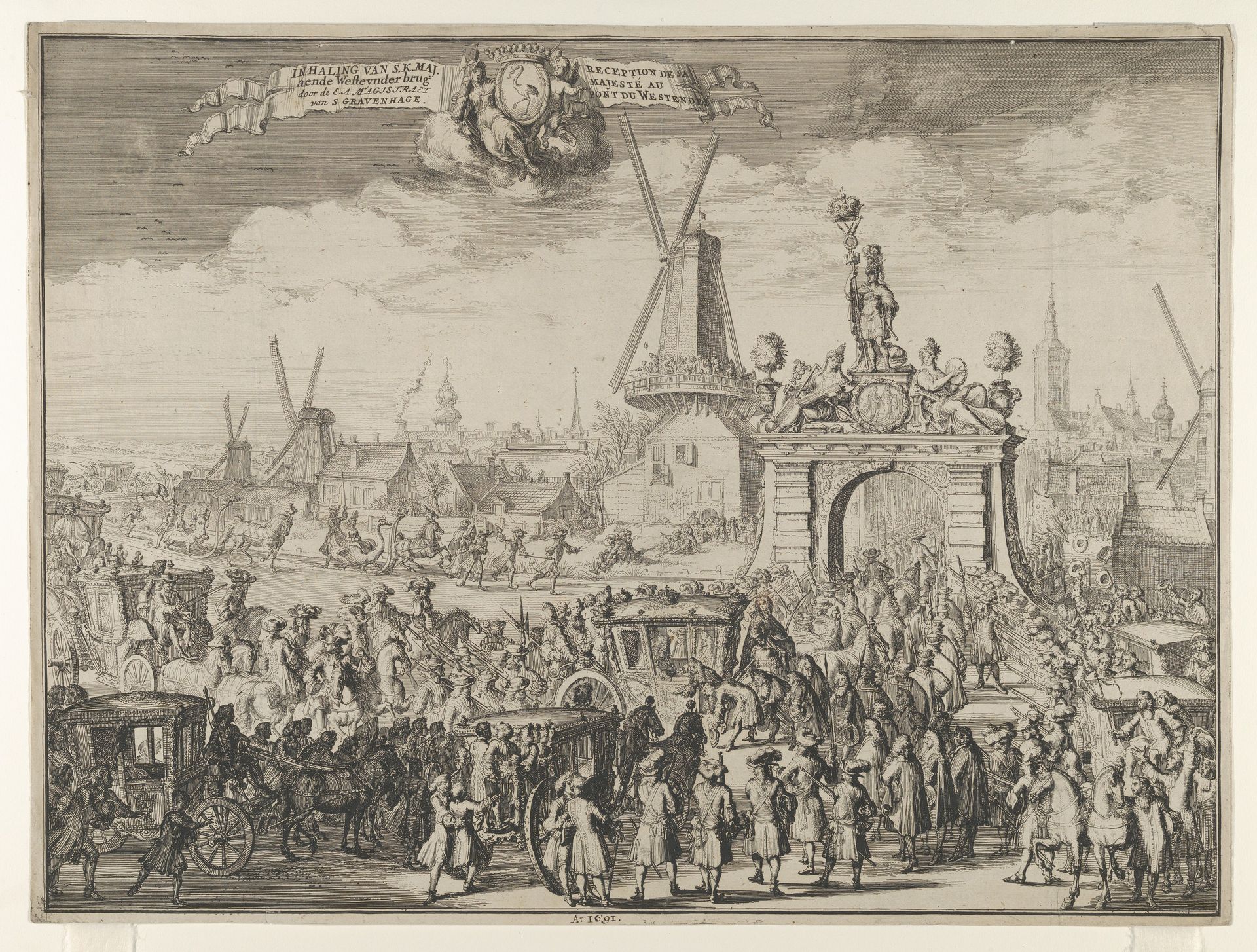 Entrance of William III into The Hague (Inhaling van S.K. Maj. aende Westeynder brug door de E.A. Magistraet van s'Gravenhage / Reception de sa Majesté au pont du Westende) from Bidloo, Inkomste van Koning Willem III by Romeyn de Hooghe