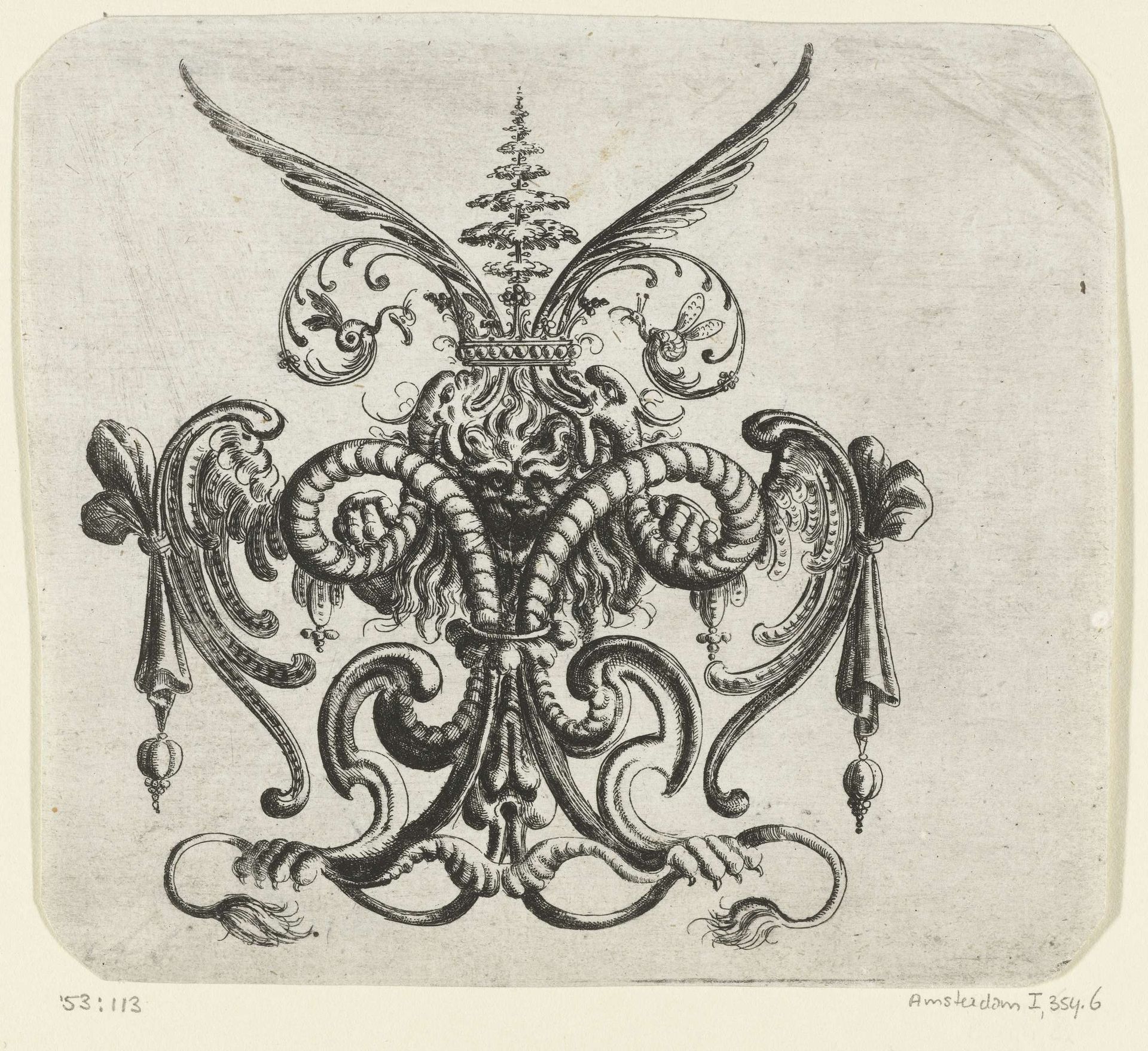 Leeuwenkop tussen twee gekrulde slangen by Christoph Jamnitzer
