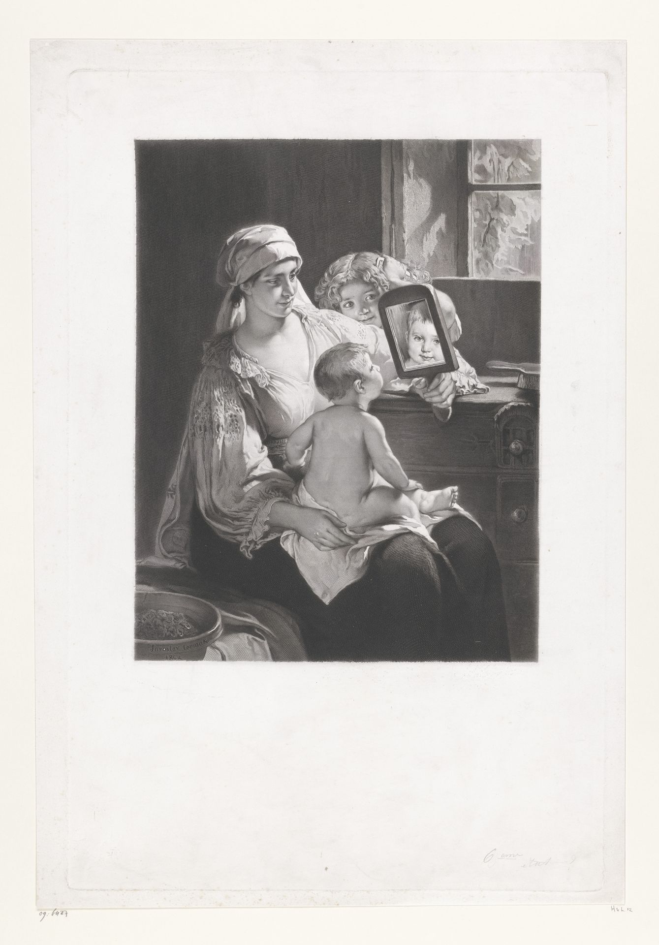 Moeder houdt een spiegel op voor het kind op schoot by Gustave Joseph Biot