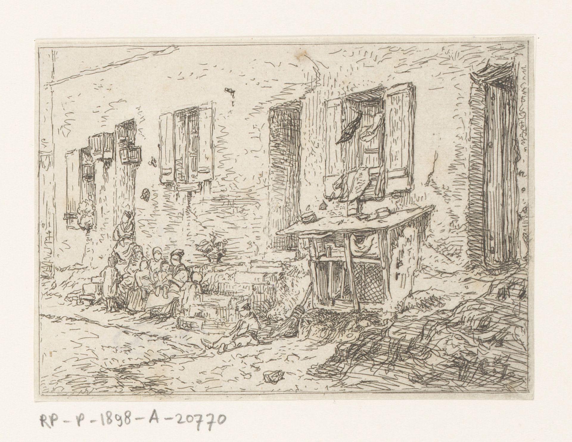 Gezicht op een huis met links een groep figuren by Charles Jacque
