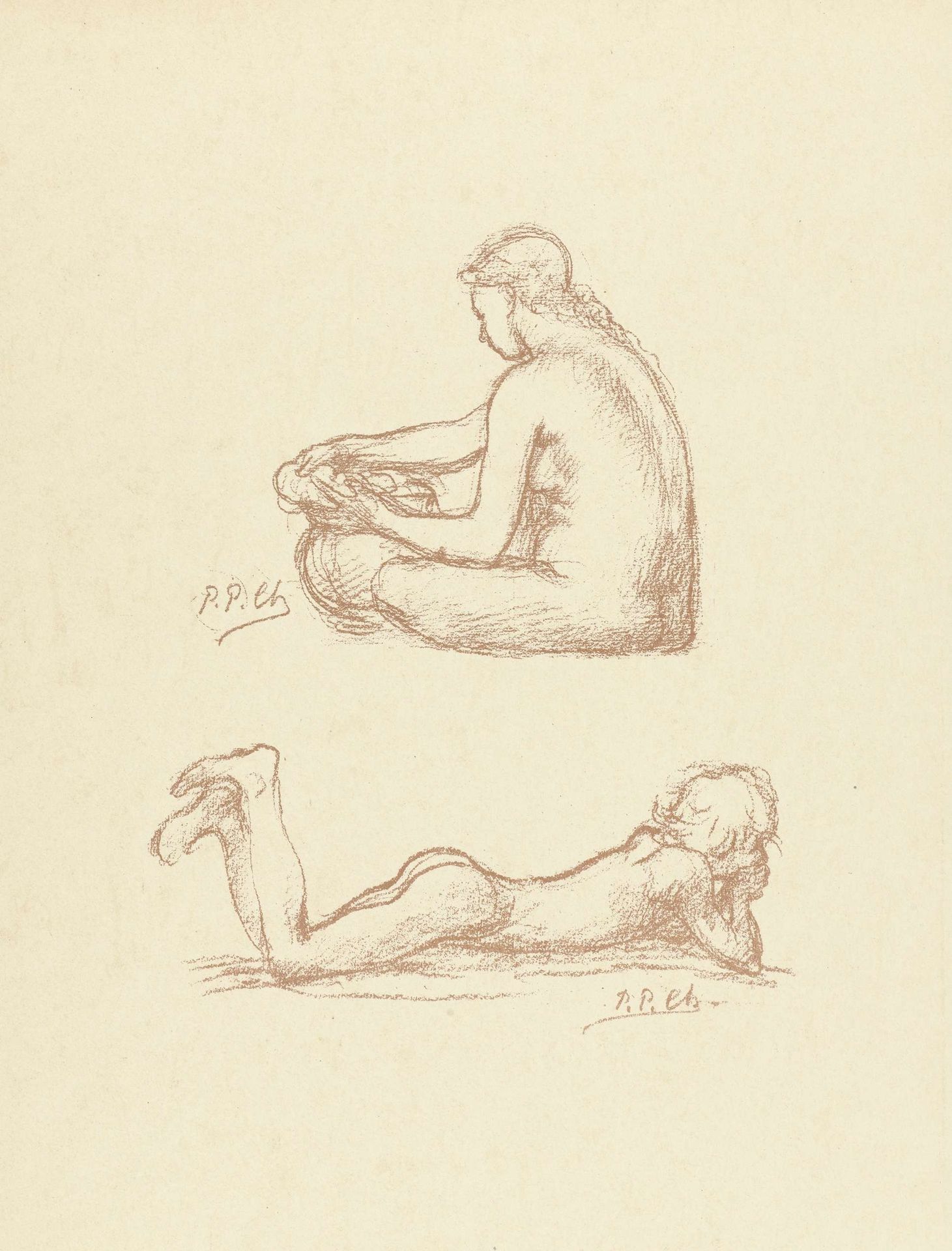 Studies van naakte zittende vrouw en liggende jongen by Pierre Puvis de Chavannes