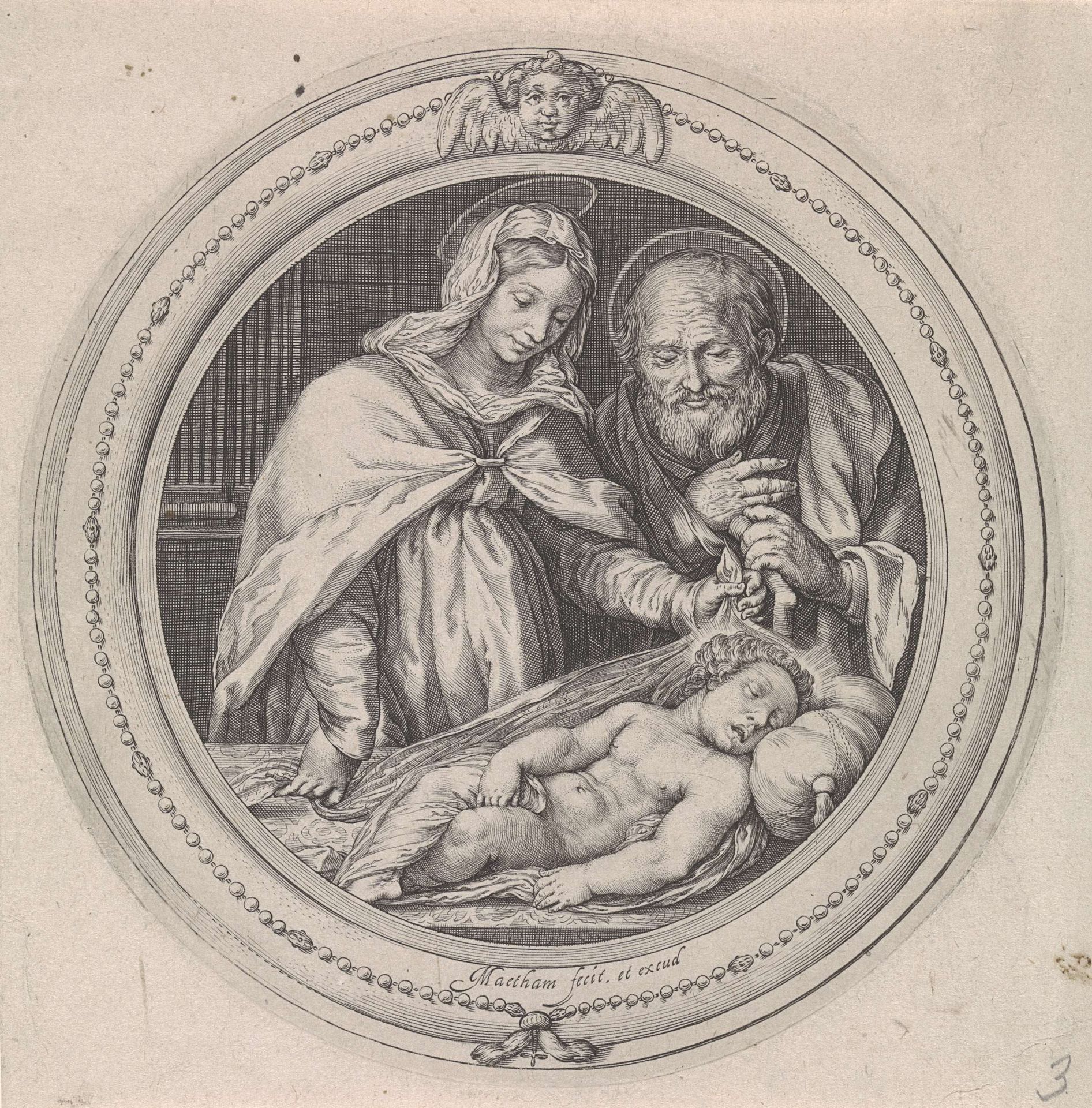 Maria en Jozef bij het slapend Christuskind by Jacob Matham