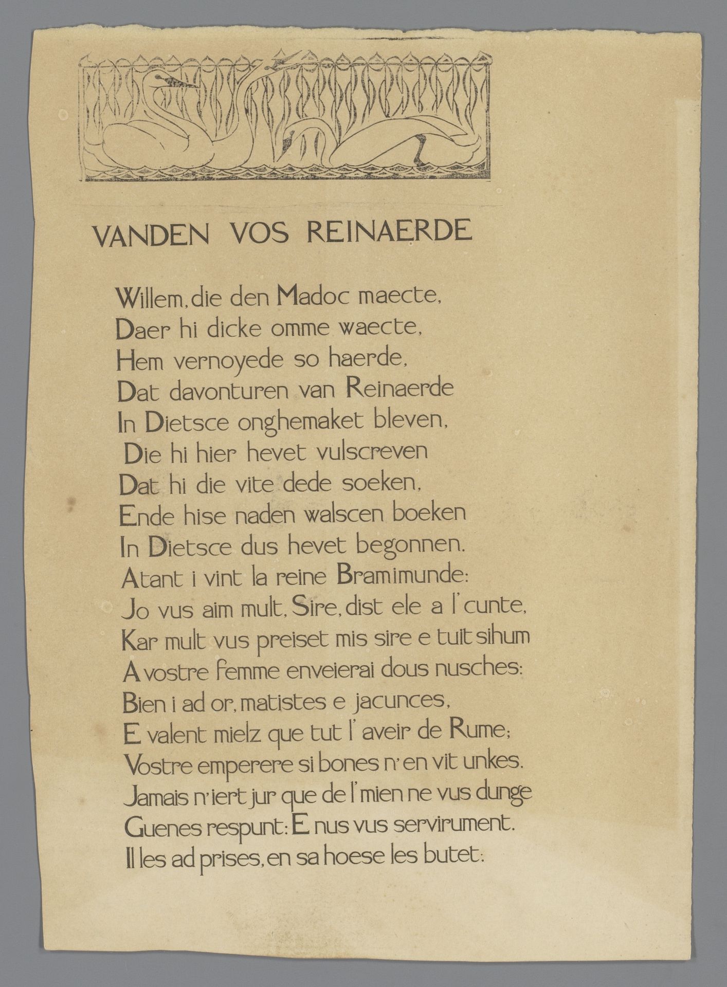 Proefdruk van negentien regels van Van den vos Reynaerde in de Hei-type by Anonymous