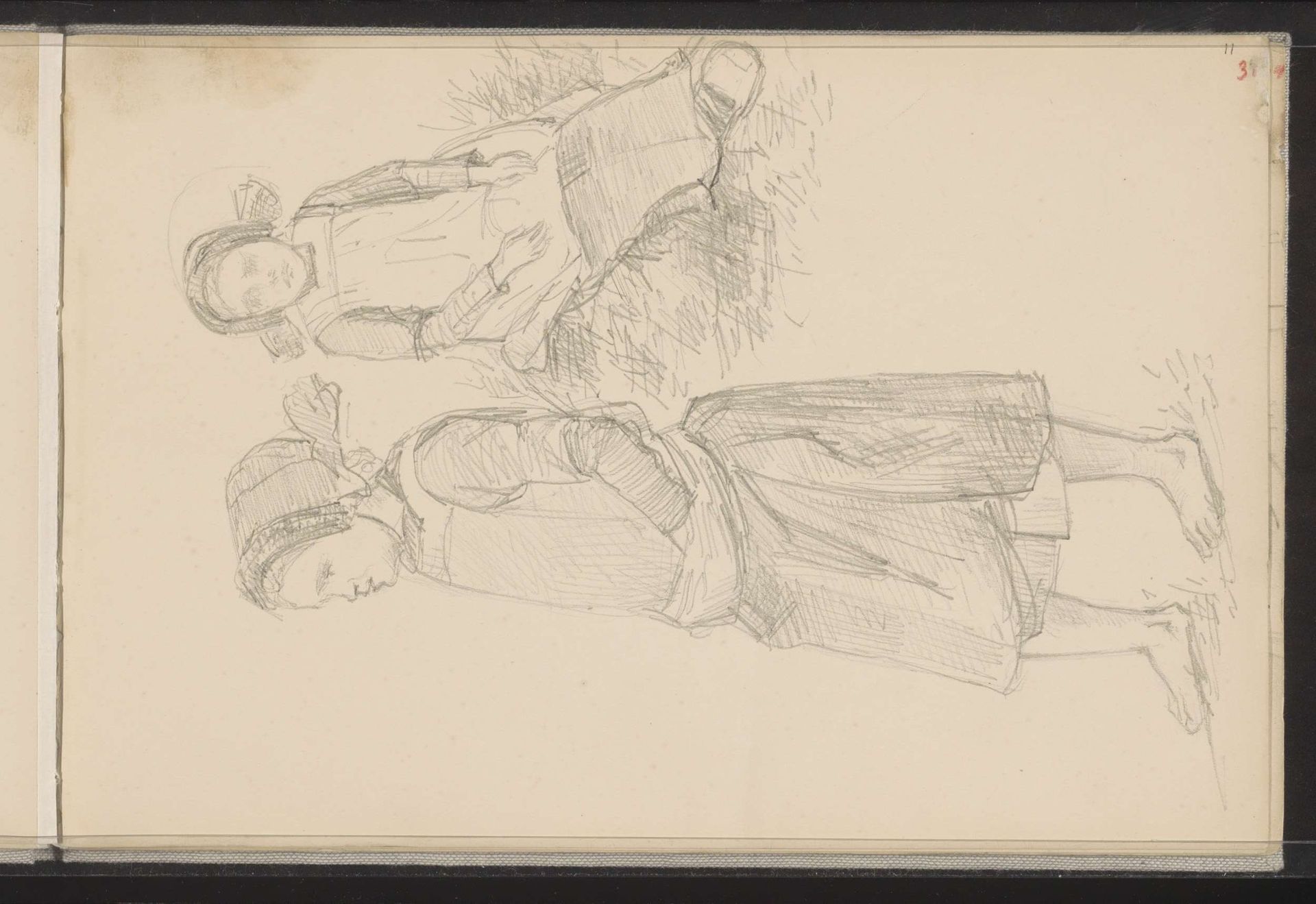 Meisjes met een muts en een schort, staand en zittend in het gras by Jozef Israëls