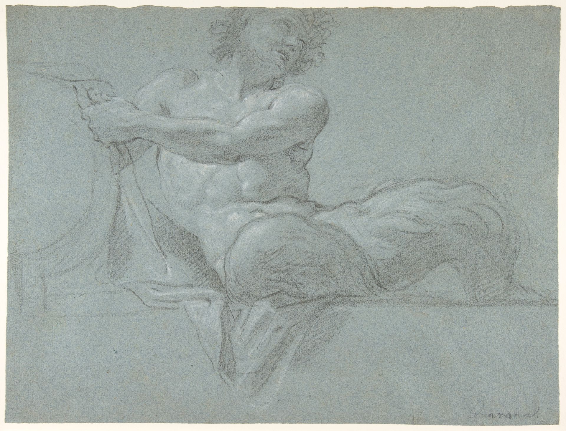 Satyr Reclining on a Ledge, Facing Right (recto); Satyr Reclining on a Ledge, Facing Left (verso) by Jacopo Guarana