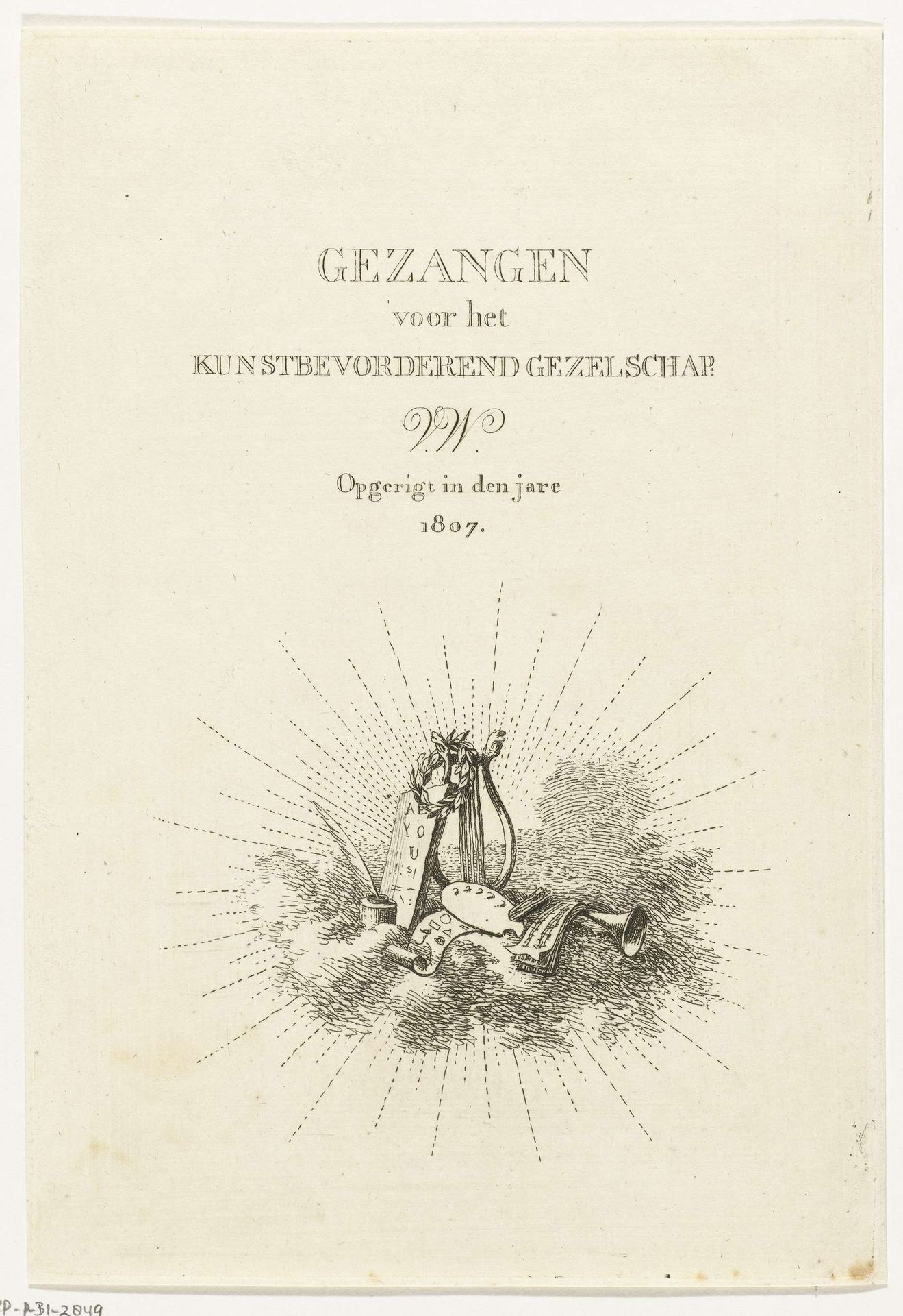 Titelpagina voor: Gezangen voor het Kunstbevorderend Gezelschap V.W. opgerigt in den jare 1807 by Anthonie van den Bos