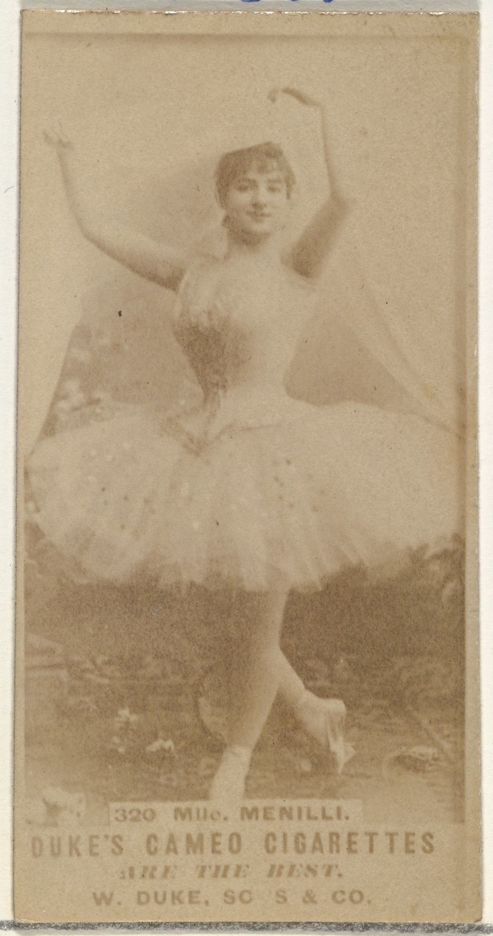 Card Number 320, Mlle. Menilli, from the Actors and Actresses series (N145-5) issued by Duke Sons & Co. to promote Cameo Cigarettes by W. Duke, Sons & Co.