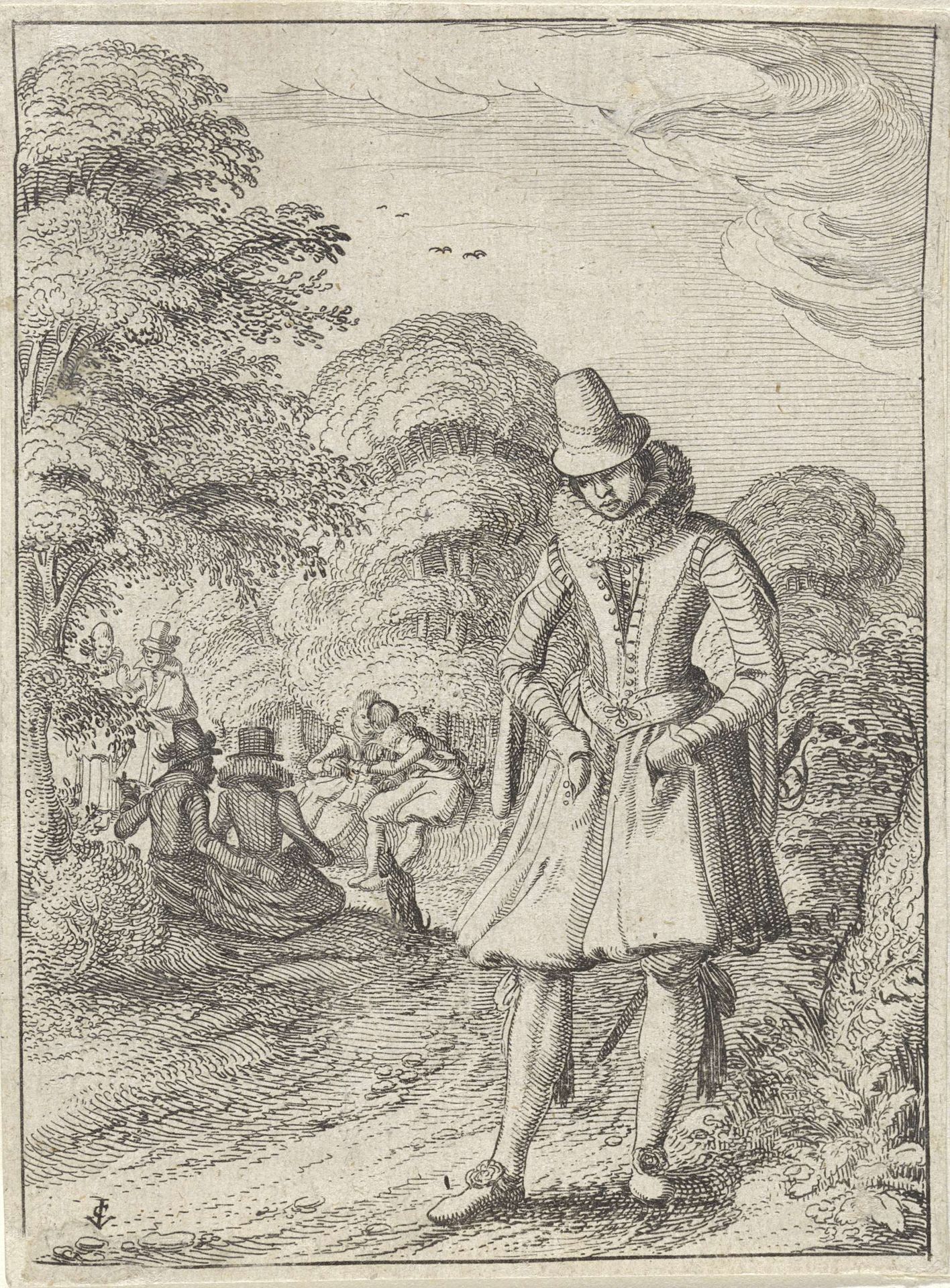 Elegant gezelschap in het bos by Claes Jansz. Visscher