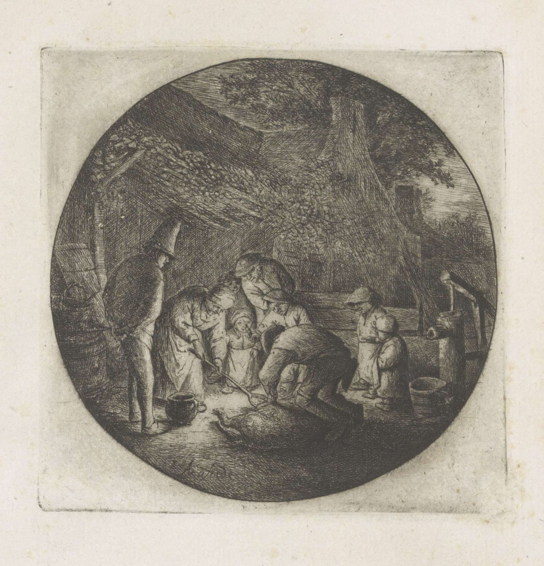 Boerenfamilie bij het slachten van een varken by Adriaen van Ostade