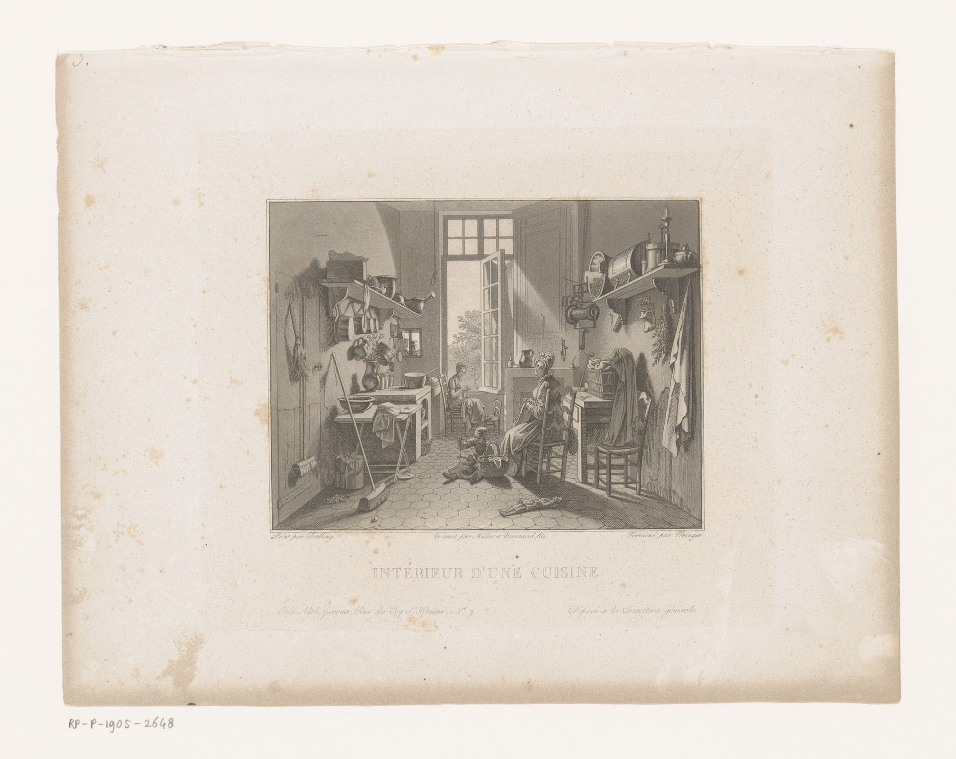 Keukeninterieur met twee jonge vrouwen en een kind by Henri Charles Müller