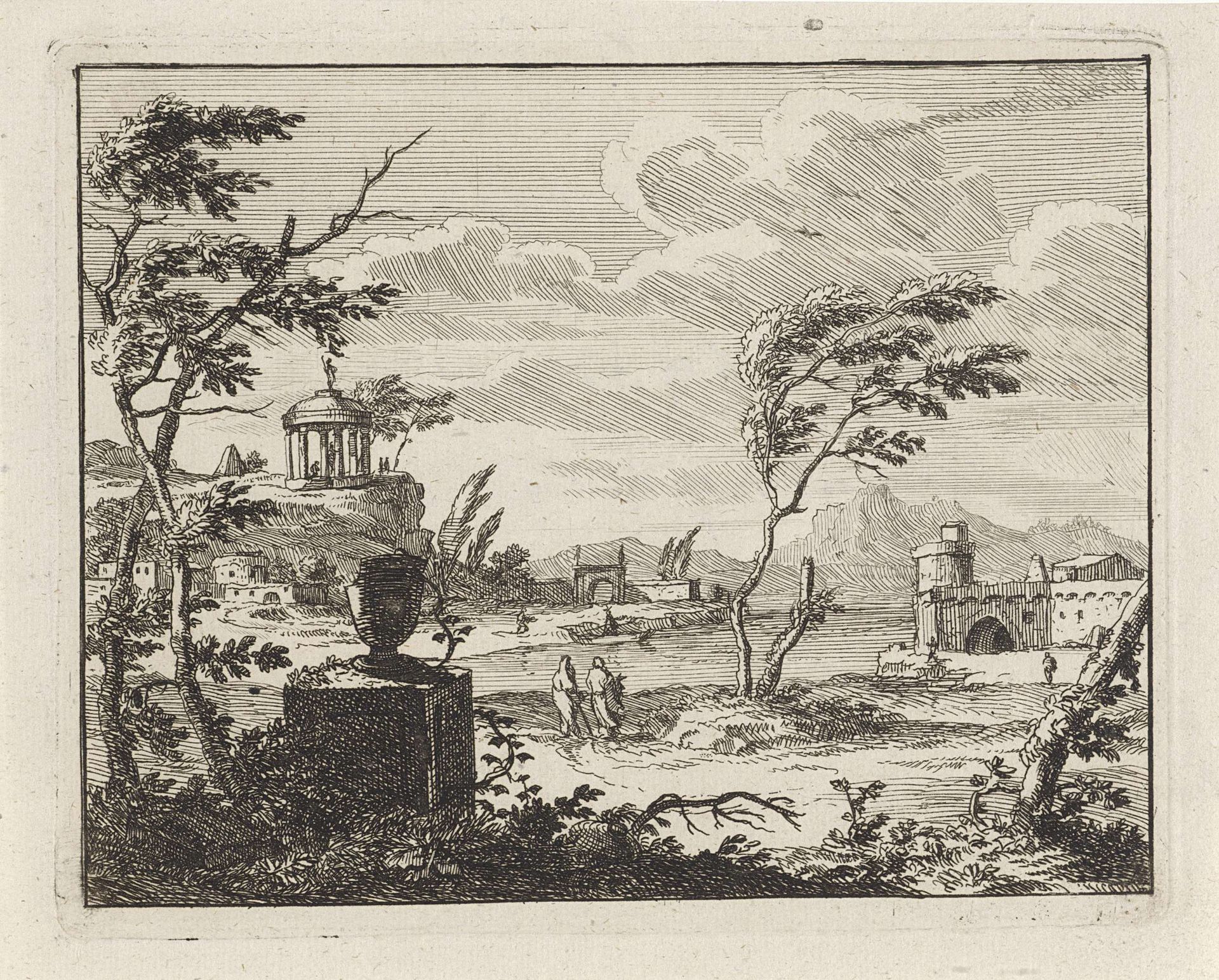 Landschap met ruineuze klassieke gebouwen by Anonymous