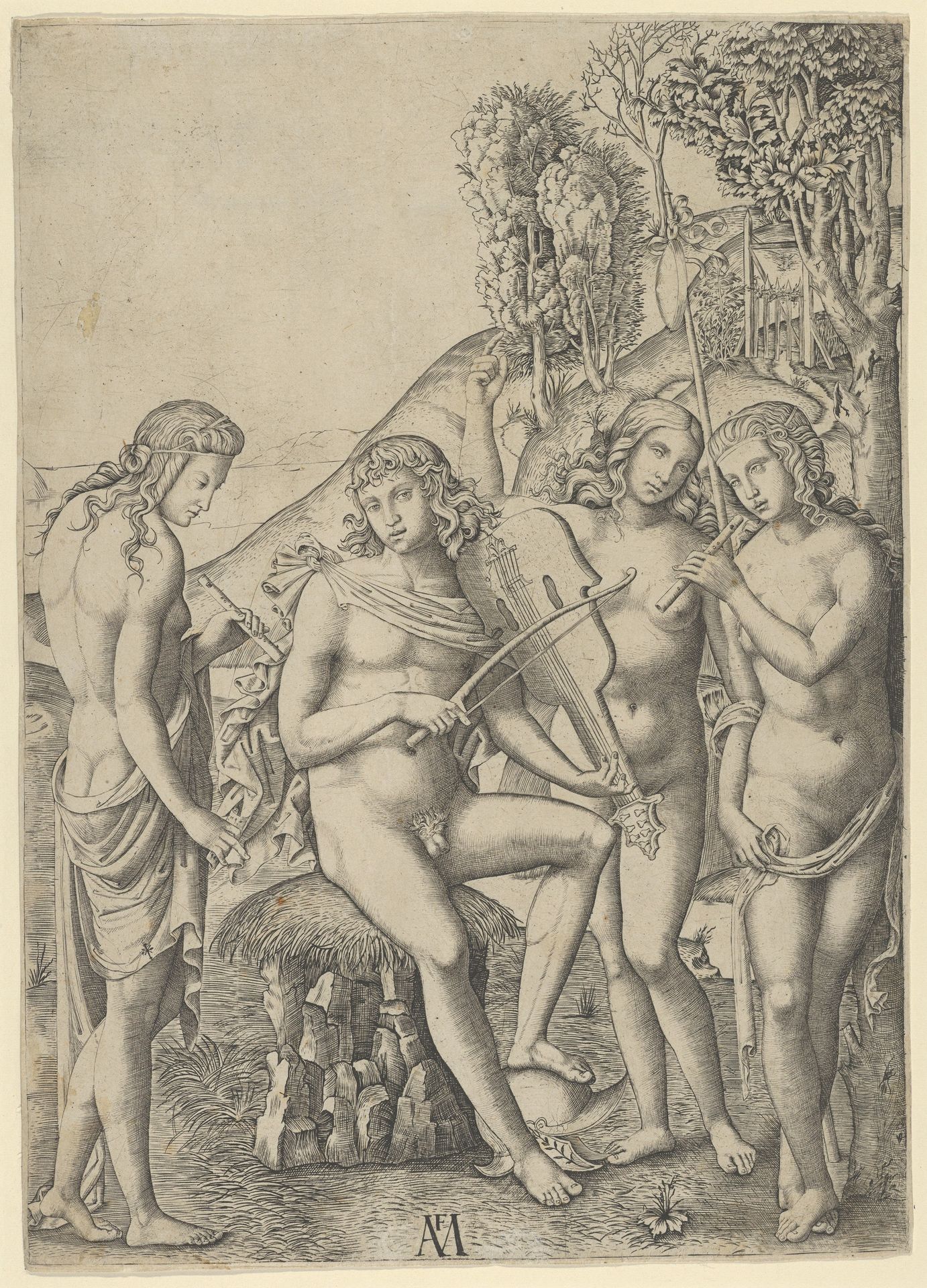 A young man, seated and playing the violin at centre, flanked by two woman holding flutes, another woman in the background by Marcantonio Raimondi