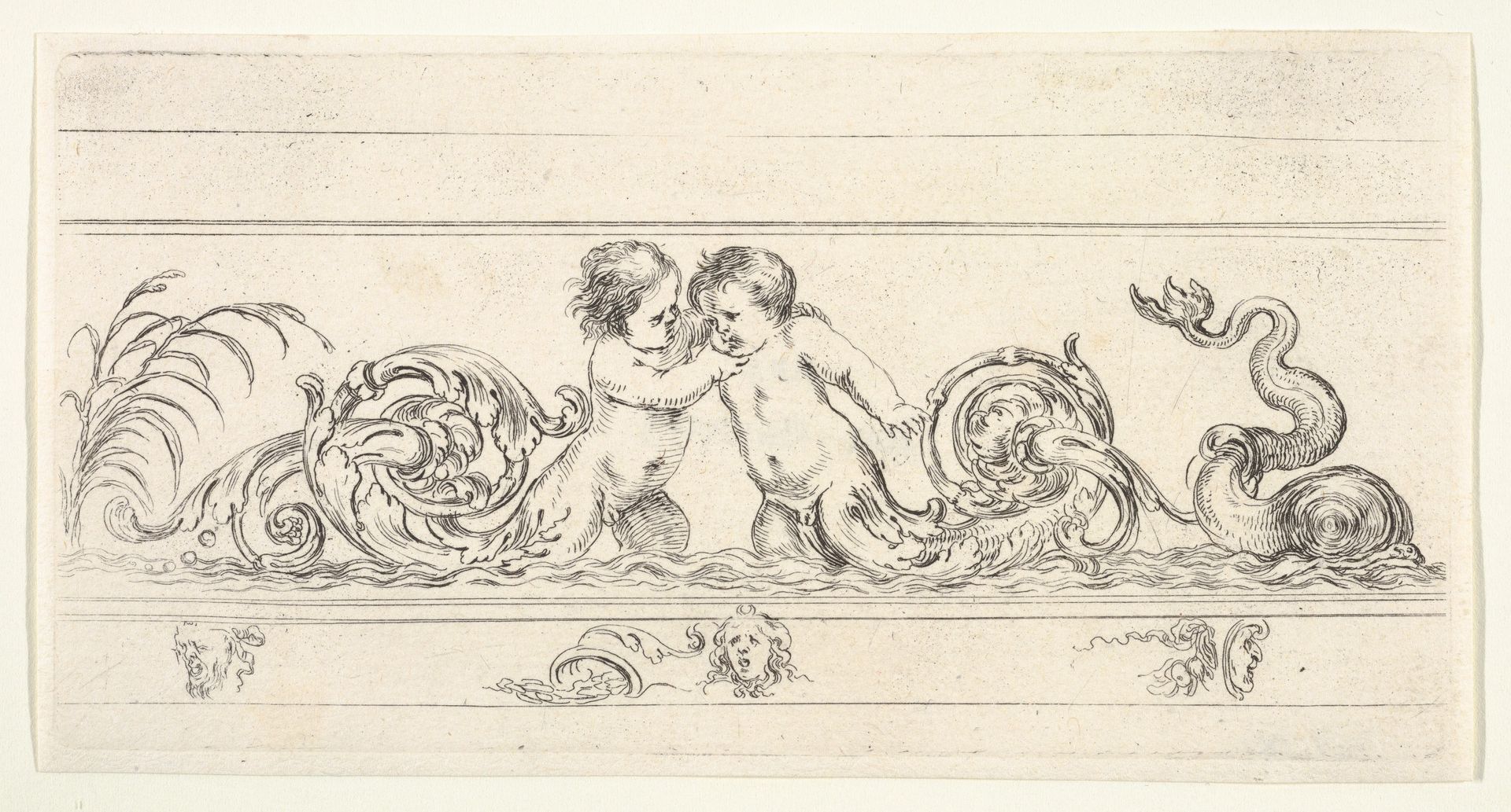 Plate 3: two infants standing in the water at center with their legs as scrollwork, below three small sketches of heads, from 'Friezes, foliage, and grotesques' (Frises, feuillages et grotesques) by Stefano della Bella