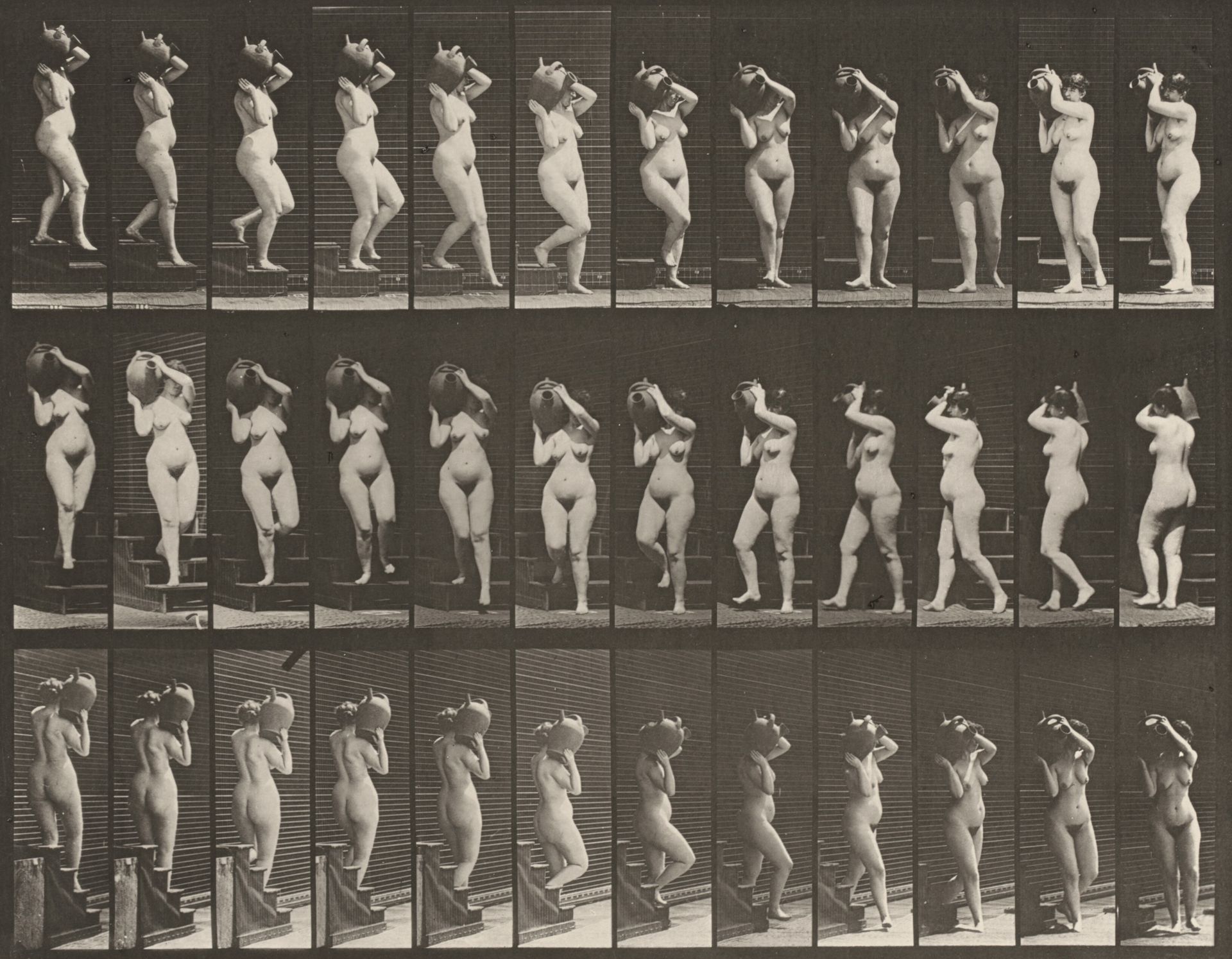 Plate Number 147. Descending stairs and turning with a water jar on right shoulder by Eadweard Muybridge