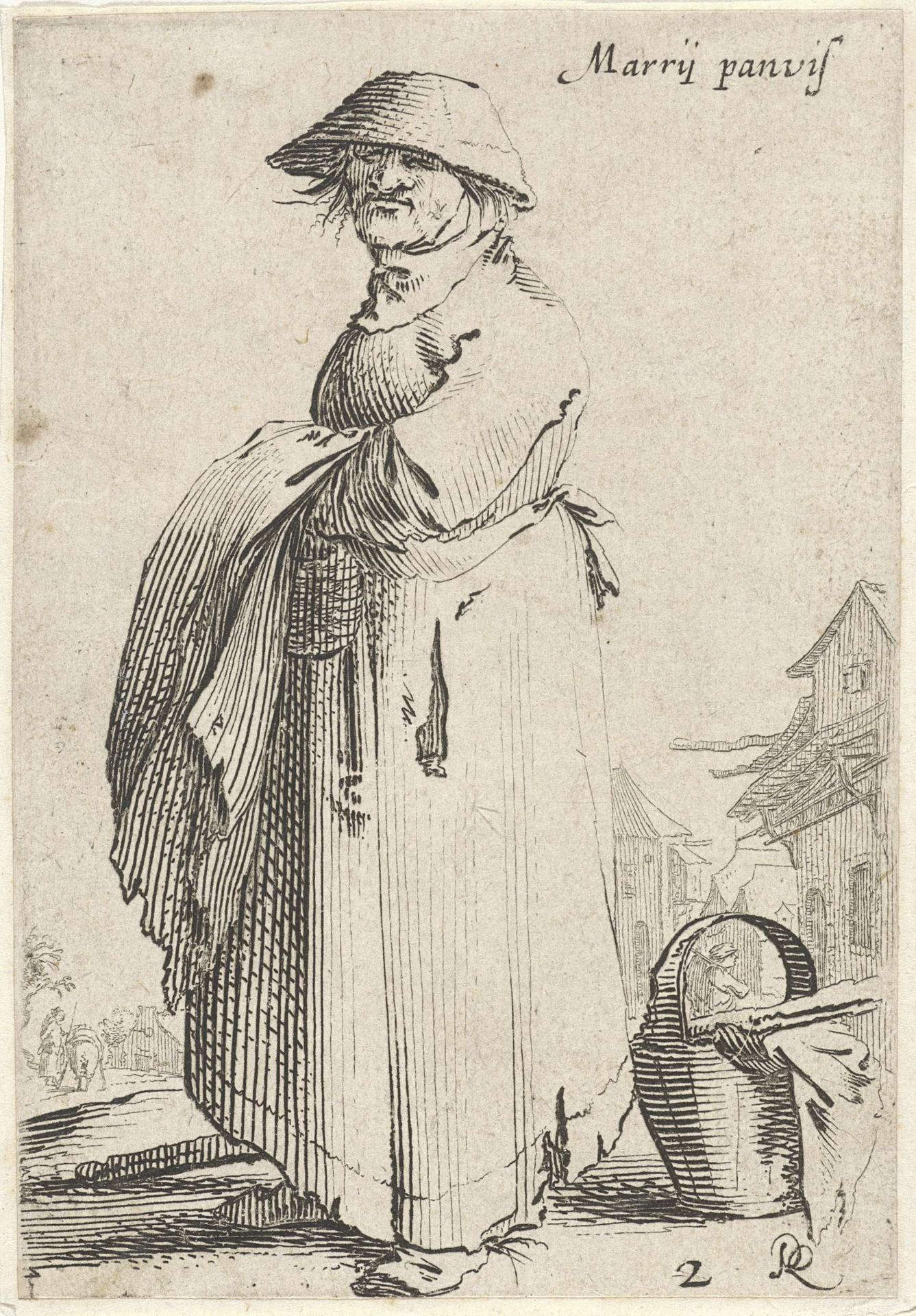Vrouw met doek over haar arm, achter haar staat een mand op de grond by Salomon Savery