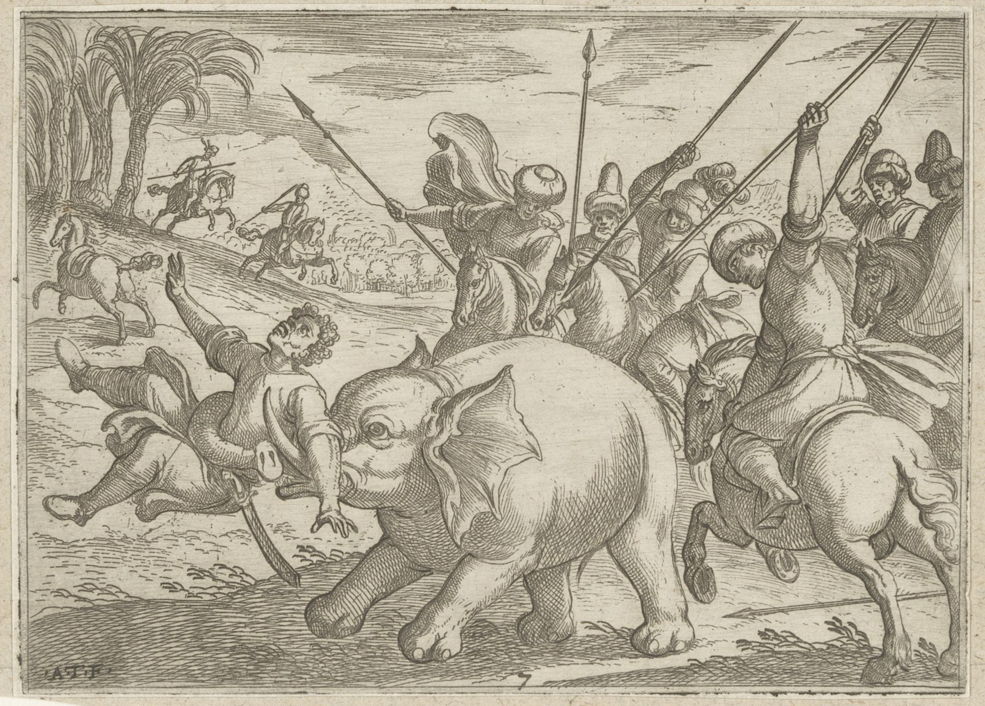 Jacht op olifant waarbij de olifant een man doodt by Antonio Tempesta