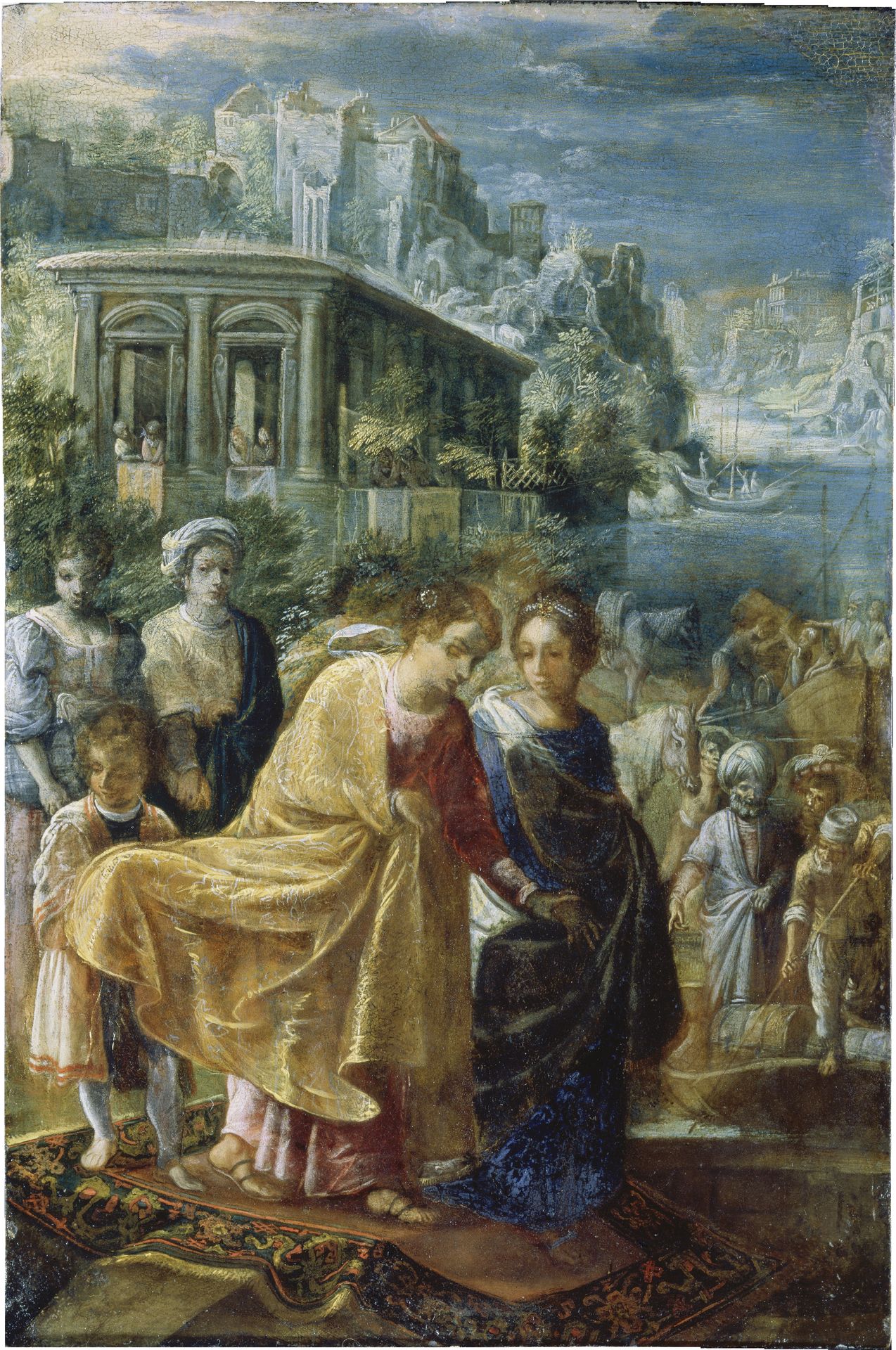 The Frankfurt Altarpiece of the Exaltation of the True Cross_ The Embarkation of the Empress Helena  (left) by Adam Elsheimer