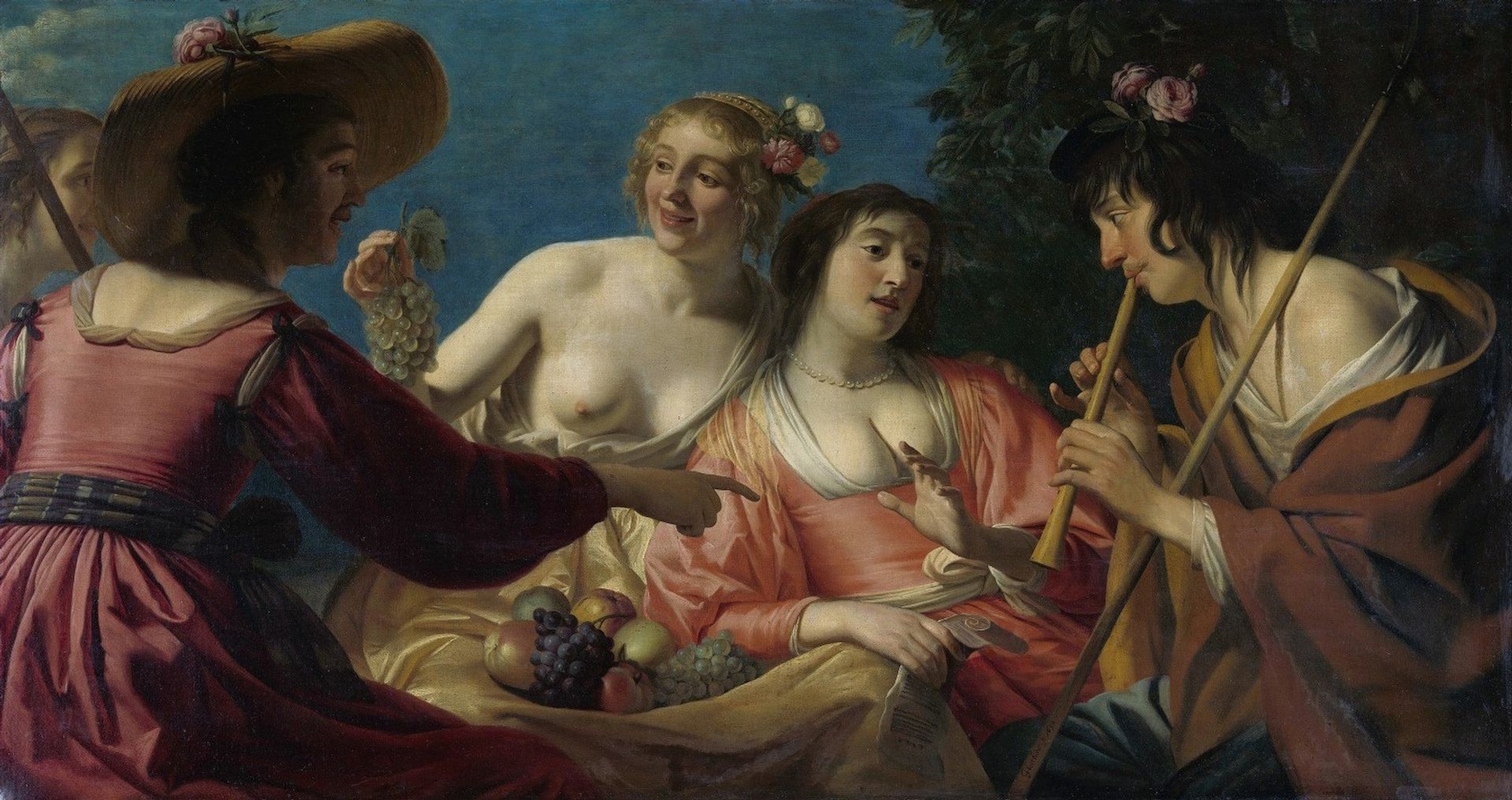 Shepherd Playing the Flute,and four Shepherdesses by Gerard van Honthorst
