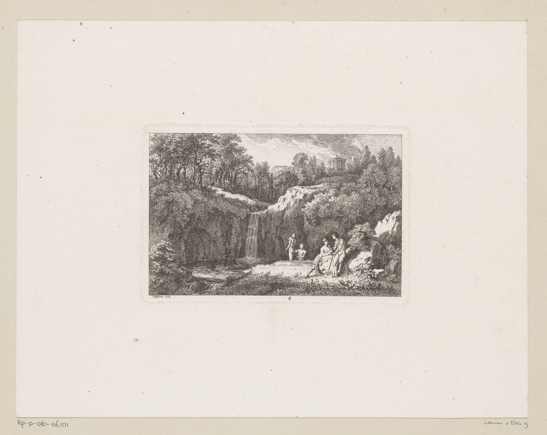Badende herders bij waterval by Salomon Gessner