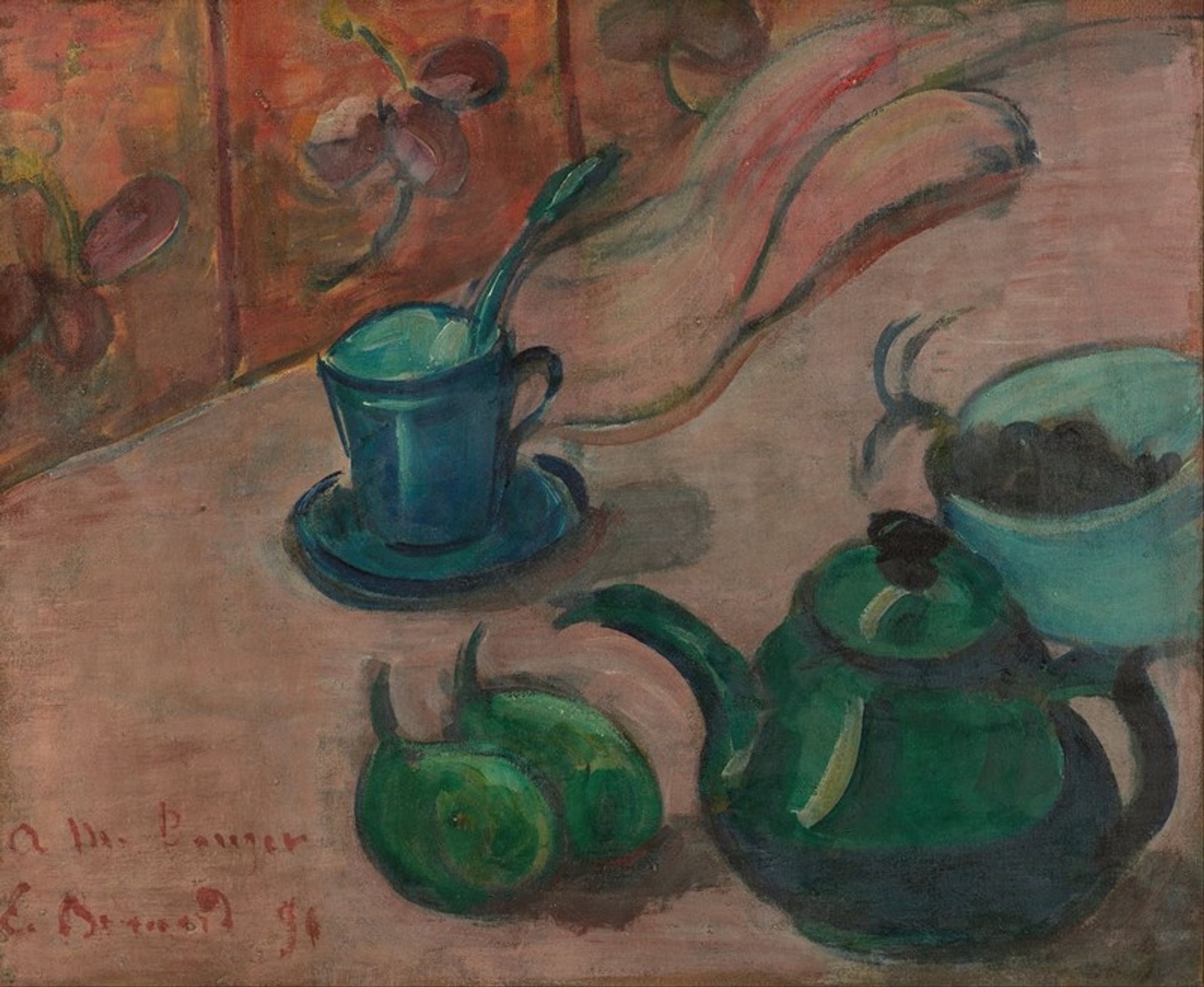 Still life with teapot, cup and fruit by Emile Bernard