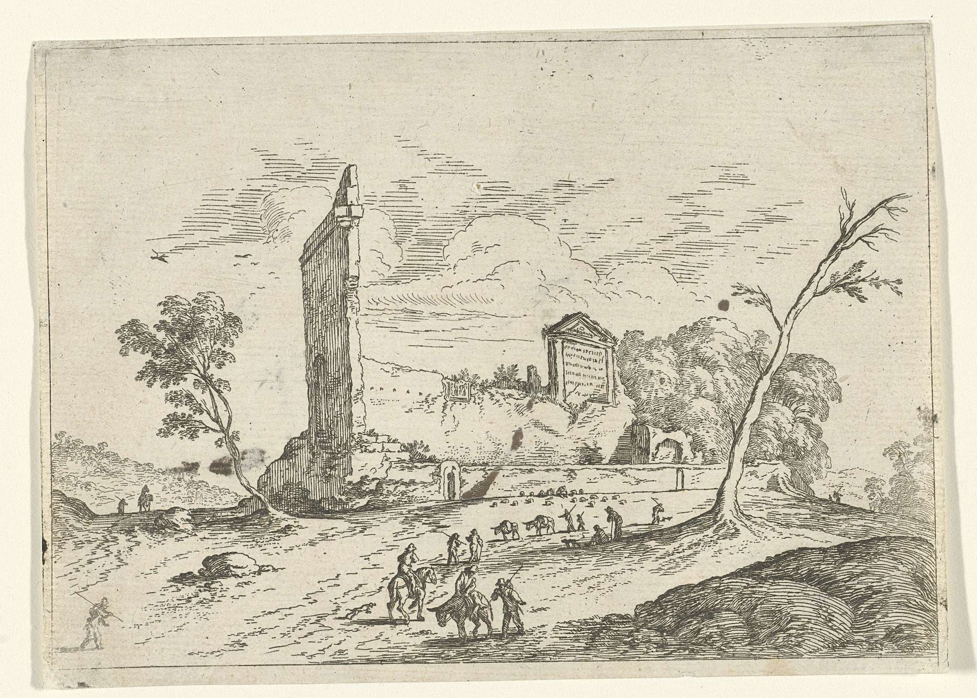 Landschap met Romeinse ruïne en ezelherders by Jan van Ossenbeeck