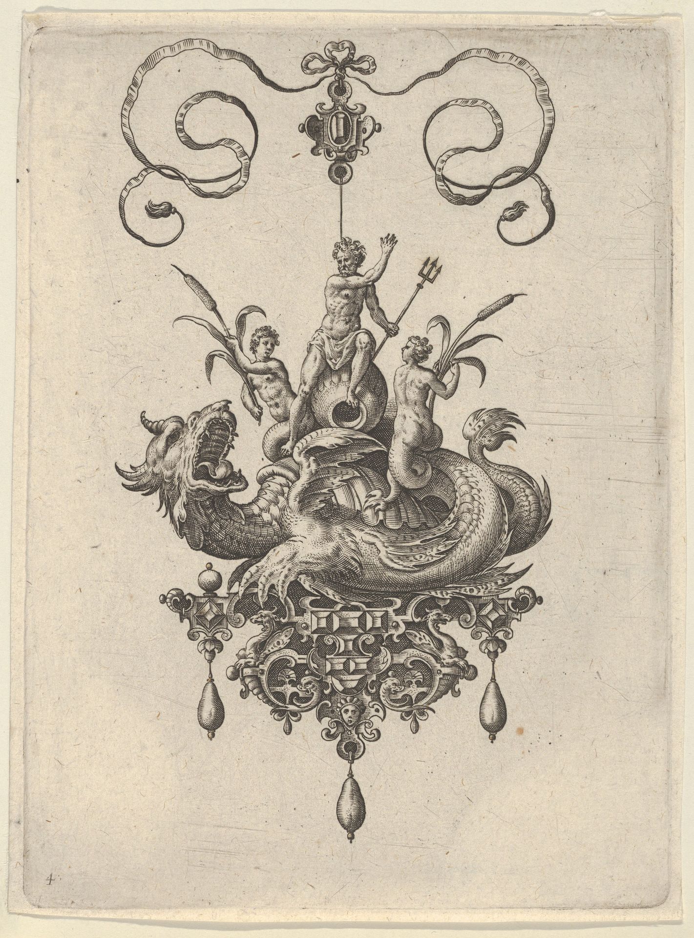 Pendant Design with a Sea Monster Carrying Neptune Flanked by Two Nerieds by Adriaen Collaert