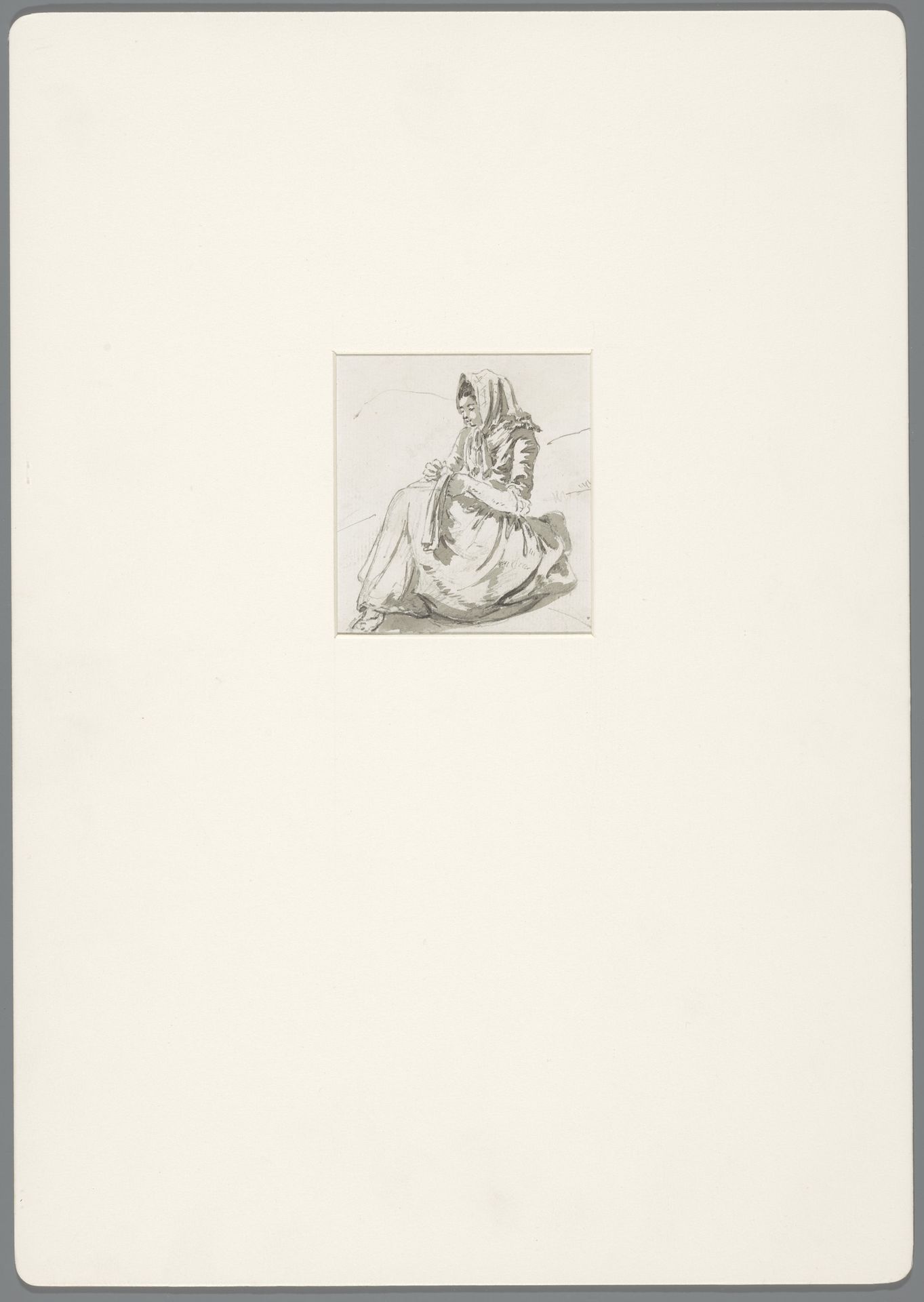 Meisje met een doek over het hoofd zit te handwerken in een landschap by David Alphonse de Sandoz-Rollin