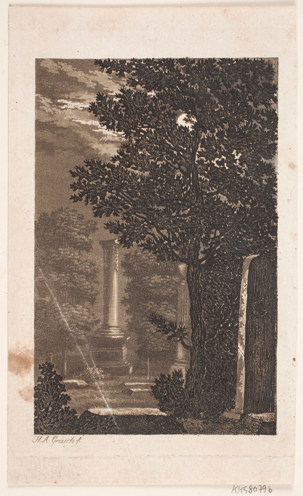 Fra Assistens Kirkegaard, (iflg . gml. auk.kat) park med søjle i måneskin by Heinrich Grosch