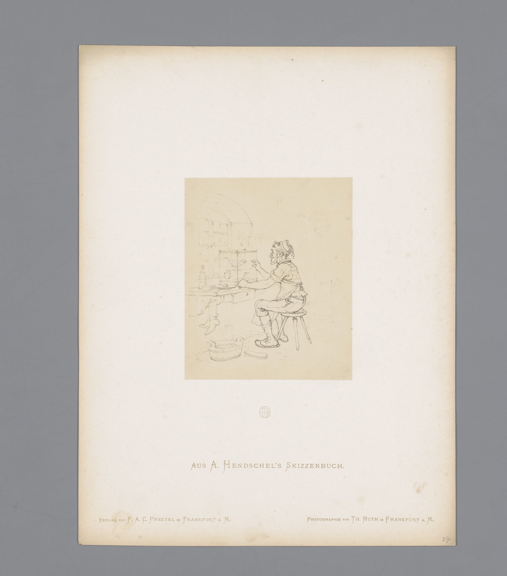 Fotoreproductie van een schets van een schoenmaker en een vogel, door Albert Hendschel by Theodor Huth