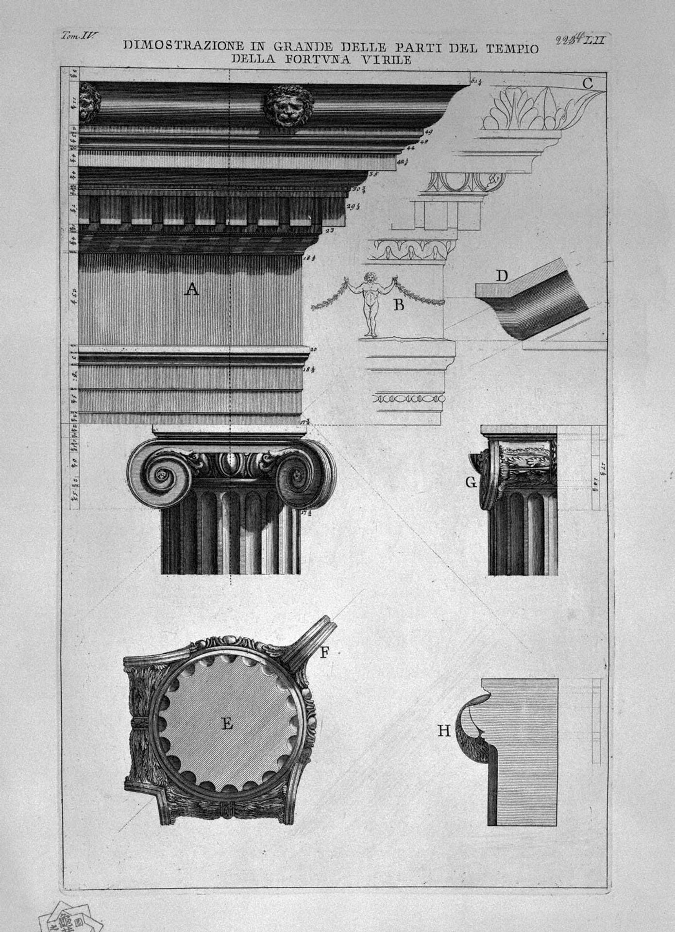 The Roman antiquities, t. 4, Plate LII. Vista in large parts of the Temple of Fortuna Virile. by Giovanni Battista Piranesi