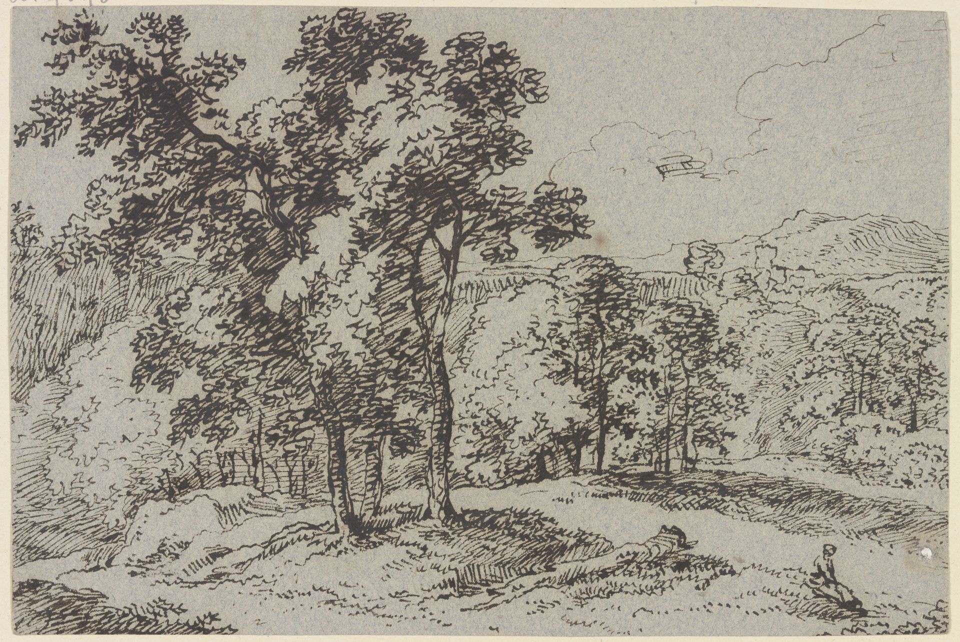 Baumreiche Landschaft, im Vordergrund eine sitzende Frau by Franz Kobell