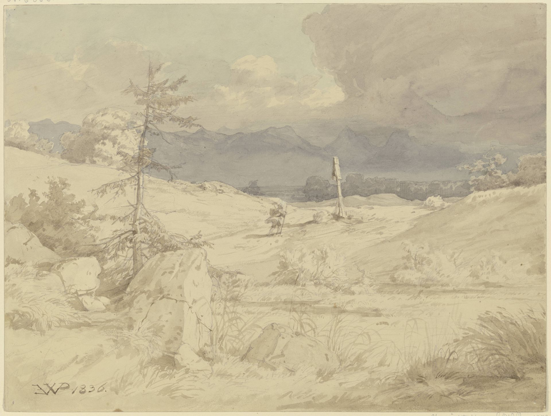Aufziehendes Unwetter über einer Landschaft mit Wegkreuz by Eduard Wilhelm Pose